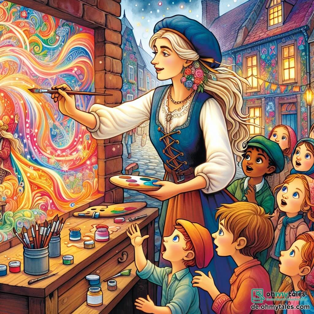 Une illustration destinée aux enfants représentant une artiste talentueuse, une groupe d'enfants curieux, une muraile colorée et enchantée, et un petit village appelé Bunteville où la magie de l'art prend vie.