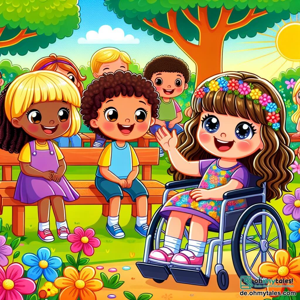 Une illustration sous forme de dessin destinée aux enfants représentant un parc ensoleillé avec des arbres colorés et des fleurs éclatantes, où une petite fille de 5 ans aux cheveux bouclés et portant une robe colorée est assise sur un banc, souriant joyeusement tout en racontant une histoire à une autre petite fille de 5 ans, qui est dans un fauteuil roulant, avec des yeux pétillants d'enthousiasme, tandis qu'un groupe d'enfants aux alentours, comprenant un garçon aux cheveux blonds et une fille aux cheveux bruns, écoute attentivement et rit, illustrant ainsi la beauté de l'amitié et de l'inclusion.