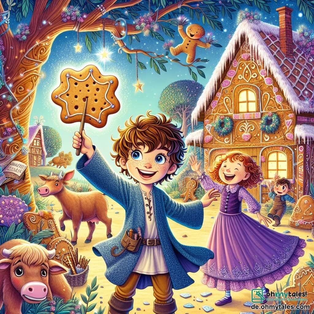 Une illustration sous forme de dessin destinée aux enfants représentant un village coloré et enchanteur, avec des maisons en pain d'épice et des arbres aux feuilles scintillantes, où un garçon de 11 ans aux cheveux ébouriffés et aux yeux pétillants, vêtu d'une tunique bleue et d'un pantalon dépareillé, tente de maîtriser un sort en agitant un vieux bâton, tandis qu'à ses côtés, sa meilleure amie, une fille aux cheveux bouclés et à la robe violette, rit en tenant un biscuit géant, alors qu'un groupe de vaches curieuses se tient sur le toit d'une maison, ajoutant une touche d'humour à la scène chaotique.