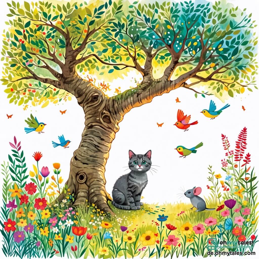 Une illustration sous forme de dessin destinée aux enfants représentant un grand arbre majestueux au centre d'un jardin coloré, avec un petit chat gris aux yeux brillants, assis sur une branche, regardant émerveillé le paysage en dessous, tandis que des oiseaux aux plumes multicolores volent autour de lui et une petite souris curieuse observe depuis l'herbe, capturant l'instant où le chat invite tous les animaux à admirer la beauté du monde.