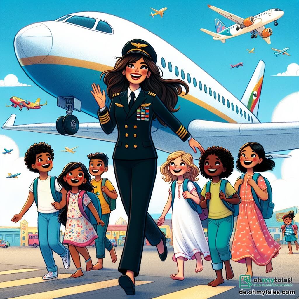 Une illustration destinée aux enfants représentant un pilote d'avion, un garçon plein de courage et de joie de vivre, sur le point de s'envoler dans les cieux avec une joyeuse troupe d'enfants, à bord de son étincelant avion "Flugfreude 3000", sur le tarmac ensoleillé d'un aéroport animé, entouré d'avions colorés et de nuages cotonneux.