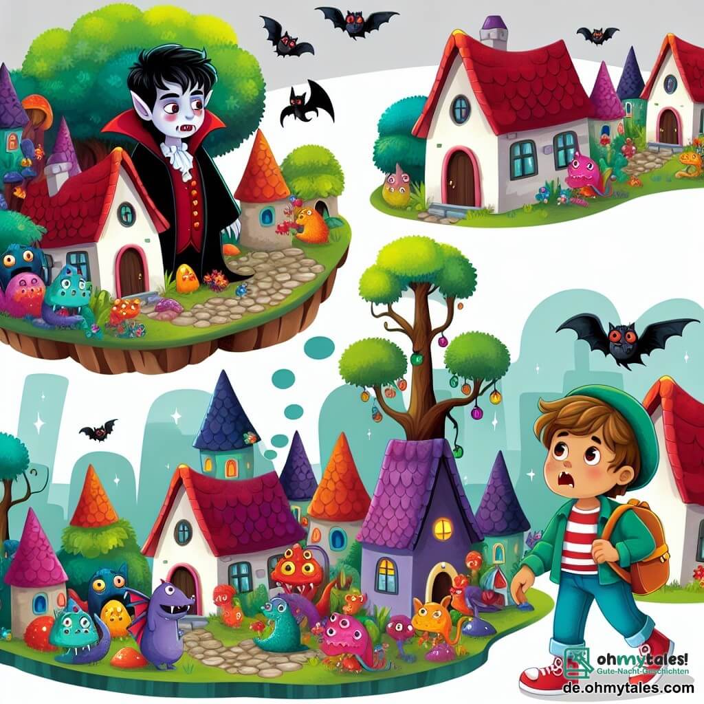 Une illustration destinée aux enfants représentant un vampire garçon, accompagné d'un jeune garçon curieux, explorant un petit village coloré et enchanteur, peuplé de créatures rigolotes.