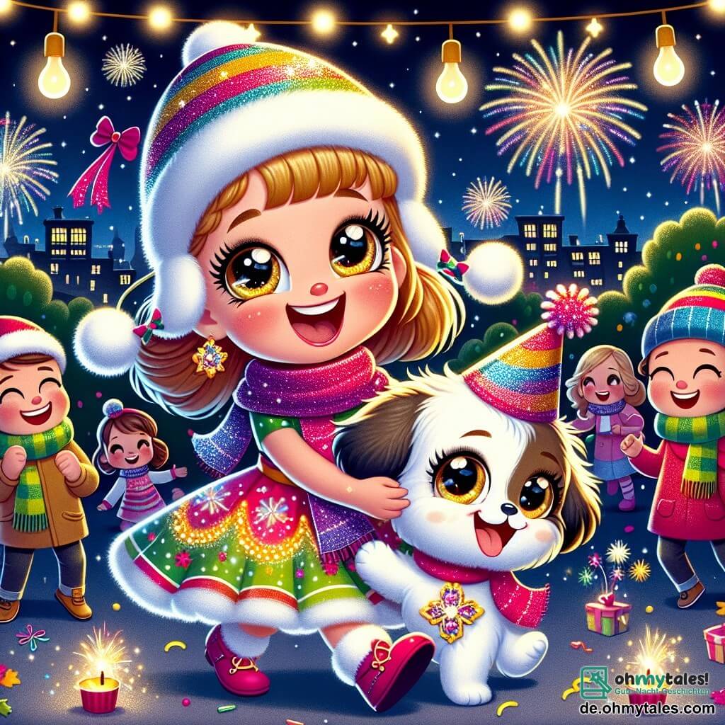 Une illustration sous forme de dessin destinée aux enfants représentant un parc festif illuminé par des guirlandes scintillantes, avec une petite fille de 5 ans aux grands yeux brillants, portant une colorée mignonne mignonne et un chapeau en papier décoré de paillettes, en train de rire joyeusement tout en tenant un petit chien flou et joyeux qui s'appelle Puschel, tandis qu'un garçon de son âge, vêtu d'un grand écharpe rayée et d'un chapeau de fête, danse autour d'eux, alors qu'une foule de familles souriantes se regroupe pour célébrer le Nouvel An avec des feux d'artifice éclatants illuminant le ciel nocturne.
