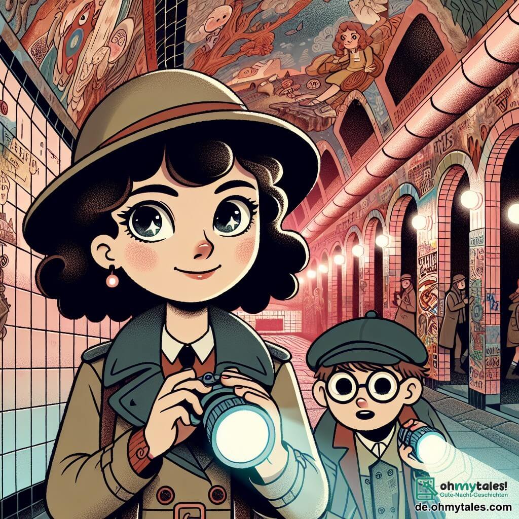 Une illustration sous forme de dessin destinée aux enfants représentant une ancienne et mystérieuse U-Bahn-Station, avec des murs couverts de graffitis colorés et des lumières tamisées, où une jeune femme aux cheveux bouclés et aux yeux pétillants, vêtue d'un manteau d'exploratrice, tient une lampe de poche dans une main et un appareil photo dans l'autre, tandis qu'un jeune garçon aux lunettes rondes et à la casquette en arrière-plan observe avec curiosité les fresques murales, tous deux captivés par l'écho des histoires passées qui résonnent dans l'air, symbolisant leur quête d'aventure et de découverte.