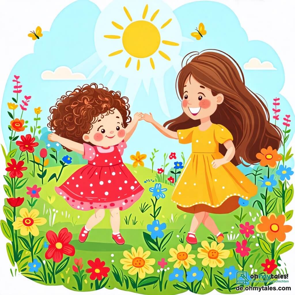 Une illustration sous forme de dessin destinée aux enfants représentant un jardin en plein printemps, rempli de fleurs colorées aux teintes vives de rouge, jaune et bleu, où une petite fille de 2 ans aux cheveux bouclés et aux yeux pétillants danse joyeusement dans l'herbe verte, entourée de sa maman, une femme souriante aux cheveux longs et bruns, qui l'observe avec tendresse, tandis qu'un doux soleil brille dans un ciel bleu clair, créant une atmosphère joyeuse et ensoleillée.