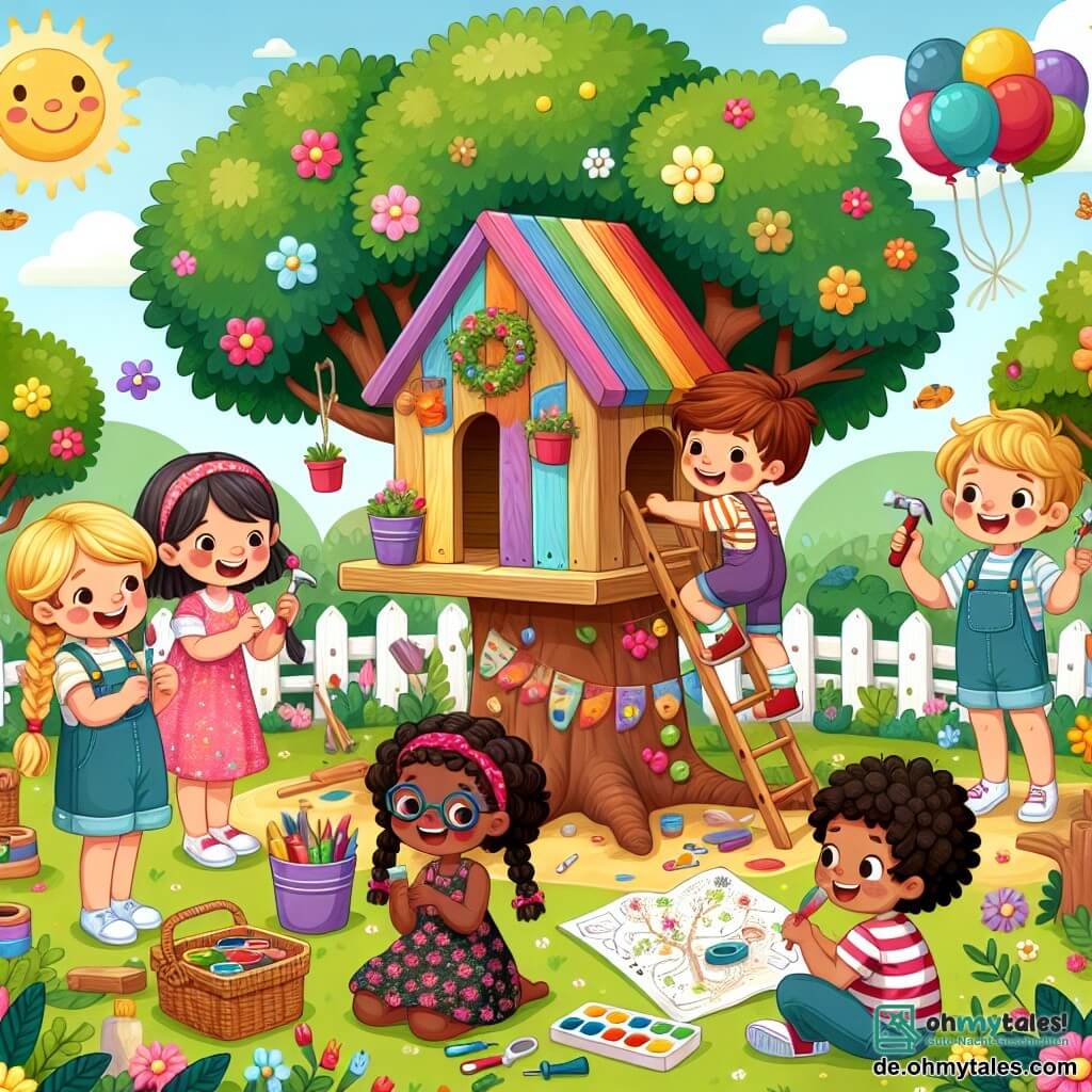 Illustration eines sonnigen Gartens, gefüllt mit bunten Blumen und großen, grünen Bäumen. In der Mitte versammeln sich fünf Kinder, drei Mädchen und zwei Jungen, um einen großen Baum, an dem sie ein wunderschönes, buntes Holzspielzeug aus rotem, blauem, grünem und gelbem Holz gebaut haben. Ein fünfjähriges Mädchen mit blonden Zöpfen lächelt fröhlich, während es eine Farbpalette hält. Neben ihr nagelt ein fünfjähriger Junge mit braunen, lockigen Haaren ein Brett mit einem kleinen Hammer fest. Ein weiteres Mädchen mit kastanienbraunen Haaren und einem Blumenkleid schaut bewundernd auf das Ergebnis ihrer Arbeit. Der vierte Junge mit kurzen, schwarzen Haaren hält eine Schatzkarte aus Papier, während das letzte Mädchen mit Brille und Zöpfen sich bereit macht, in den Baum zu klettern. Die Szene strahlt eine Atmosphäre von Kameradschaft und Kreativität aus, mit Lachen und Freudenrufen. Im Hintergrund schweben bunte Ballons am blauen Himmel, und ein großer Picknickkorb voller Früchte und Sandwiches steht auf dem Gras.