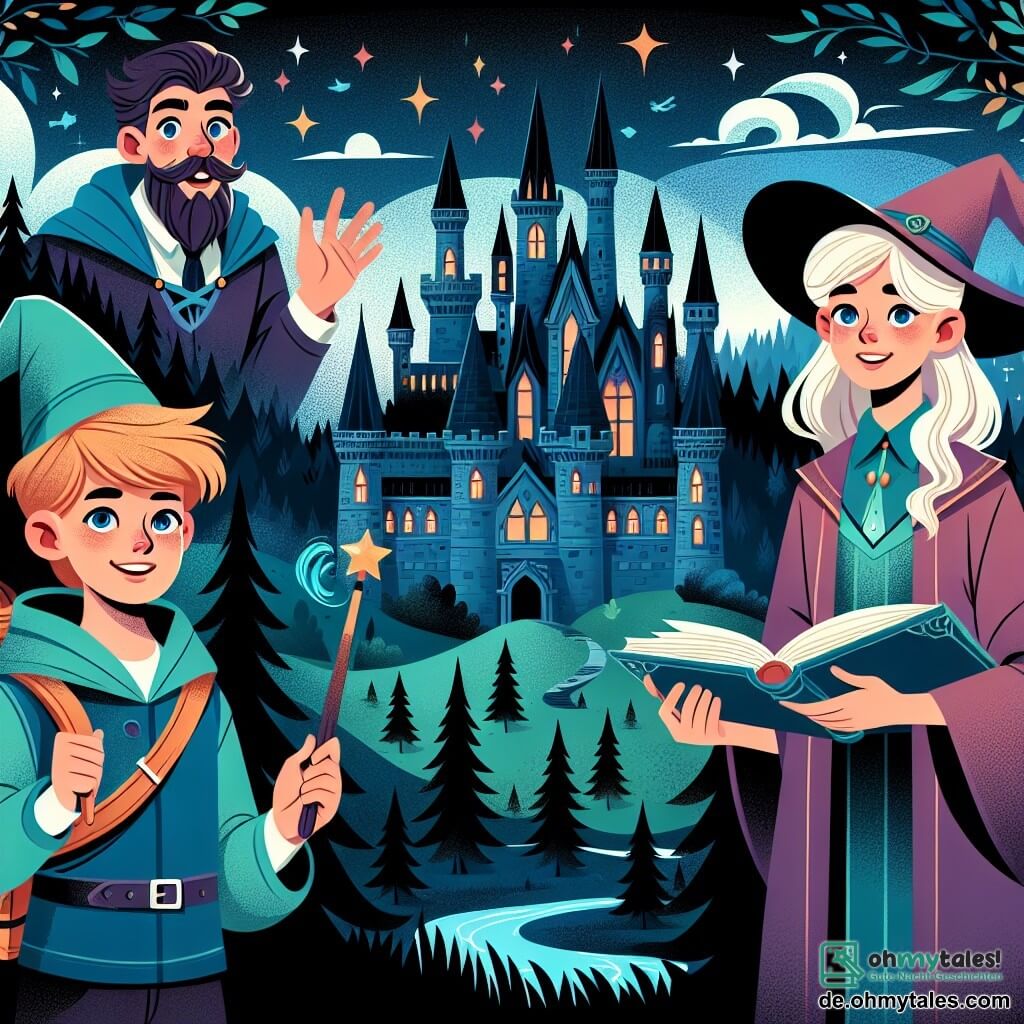 Une illustration destinée aux enfants représentant un jeune apprenti sorcier, un(e) professeur(e) de magie bienveillant(e) et un majestueux château entouré de sombres forêts enchantées où se déroulent des aventures magiques.