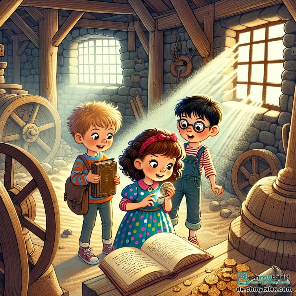 Une illustration sous forme de dessin destinée aux enfants représentant l'intérieur d'une vieille et mystérieuse moulin en bois, avec de grandes roues en bois et des rayons de lumière filtrant à travers les fenêtres poussiéreuses ; au premier plan, une fille de 7 ans aux cheveux bruns et bouclés, portant une robe à pois colorés, qui tient un vieux livre ouvert et regarde avec émerveillement une petite clé brillante qu'elle vient de trouver ; à ses côtés, deux amis : un garçon aux cheveux blonds et courts, portant des lunettes et un t-shirt à rayures, qui examine une carte ancienne, et une fille aux cheveux noirs et lisses, vêtue d'une salopette, qui pointe vers une vieille trappe au sol, tous trois en pleine exploration à la recherche d'un trésor caché.