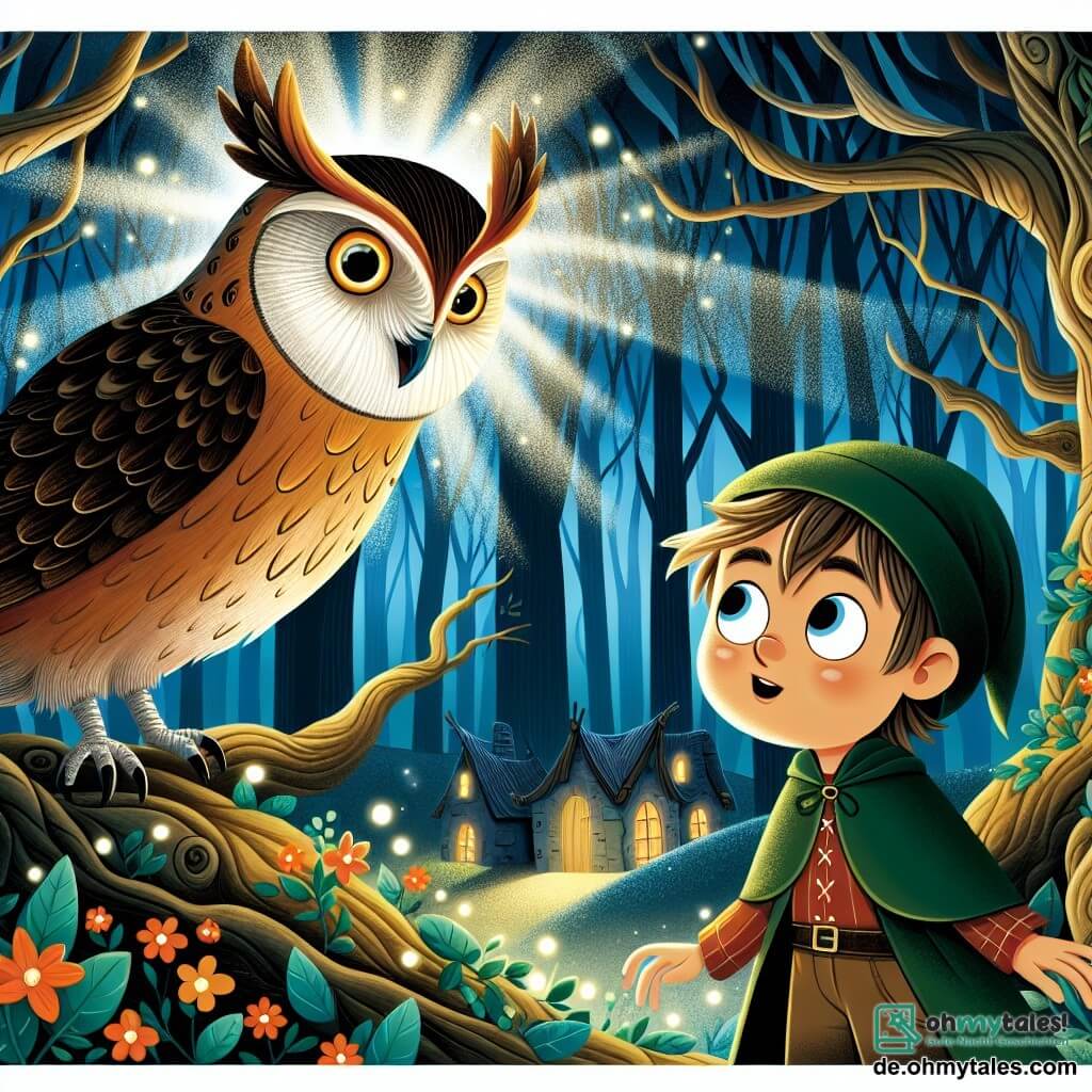 Une illustration destinée aux enfants représentant un garçon curieux et sage, rencontrant une mystérieuse Eule aux yeux brillants, dans un village enchanteur caché au cœur de la forêt magique aux arbres centenaires et aux branches dansantes.