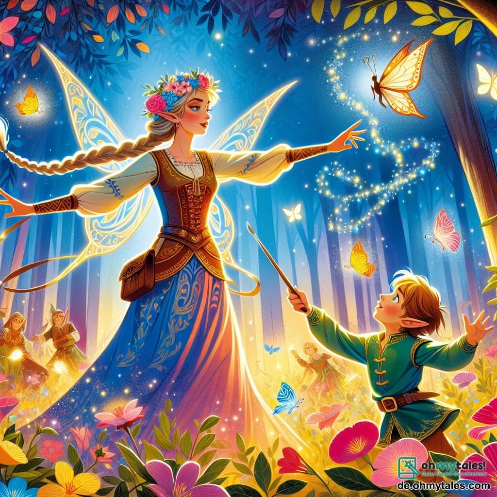 Une illustration destinée aux enfants représentant une jeune elfe courageuse affrontant une épreuve magique avec l'aide d'un petit elfe garçon dans un magnifique Elfenwald scintillant de couleurs vives, où des papillons dansent et des fleurs enchantées s'épanouissent.