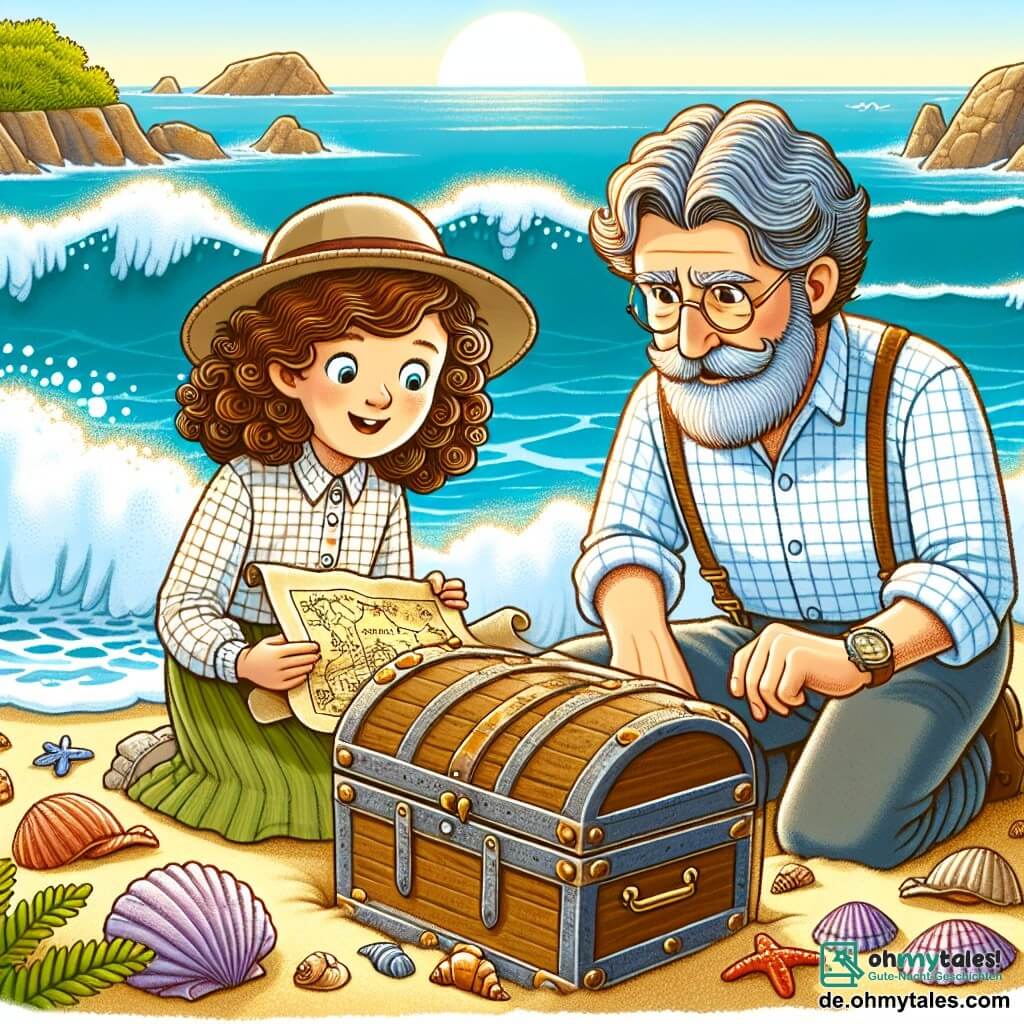 Une illustration sous forme de dessin destinée aux enfants représentant une plage ensoleillée à Fischdorf, avec des vagues douces et des rochers en arrière-plan, au premier plan, une jeune fille aux cheveux bruns et bouclés, portant un chapeau de détective et tenant une vieille carte au trésor, tandis qu'un homme âgé aux cheveux gris et à la barbe soignée, vêtu d'une chemise à carreaux, l'observe avec un regard encourageant, alors qu'ils découvrent ensemble un ancien coffre enfoui dans le sable, entourés de coquillages et de mystères marins.