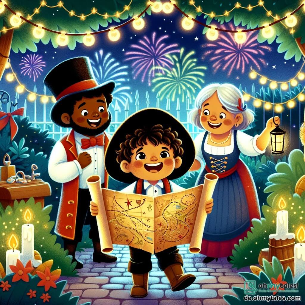 Une illustration destinée aux enfants représentant un petit garçon plein d'excitation découvrant une mystérieuse carte au trésor lors d'une fête du nouvel an, accompagné de ses parents, dans un jardin enchanté orné de lumières scintillantes et de feux d'artifice colorés.