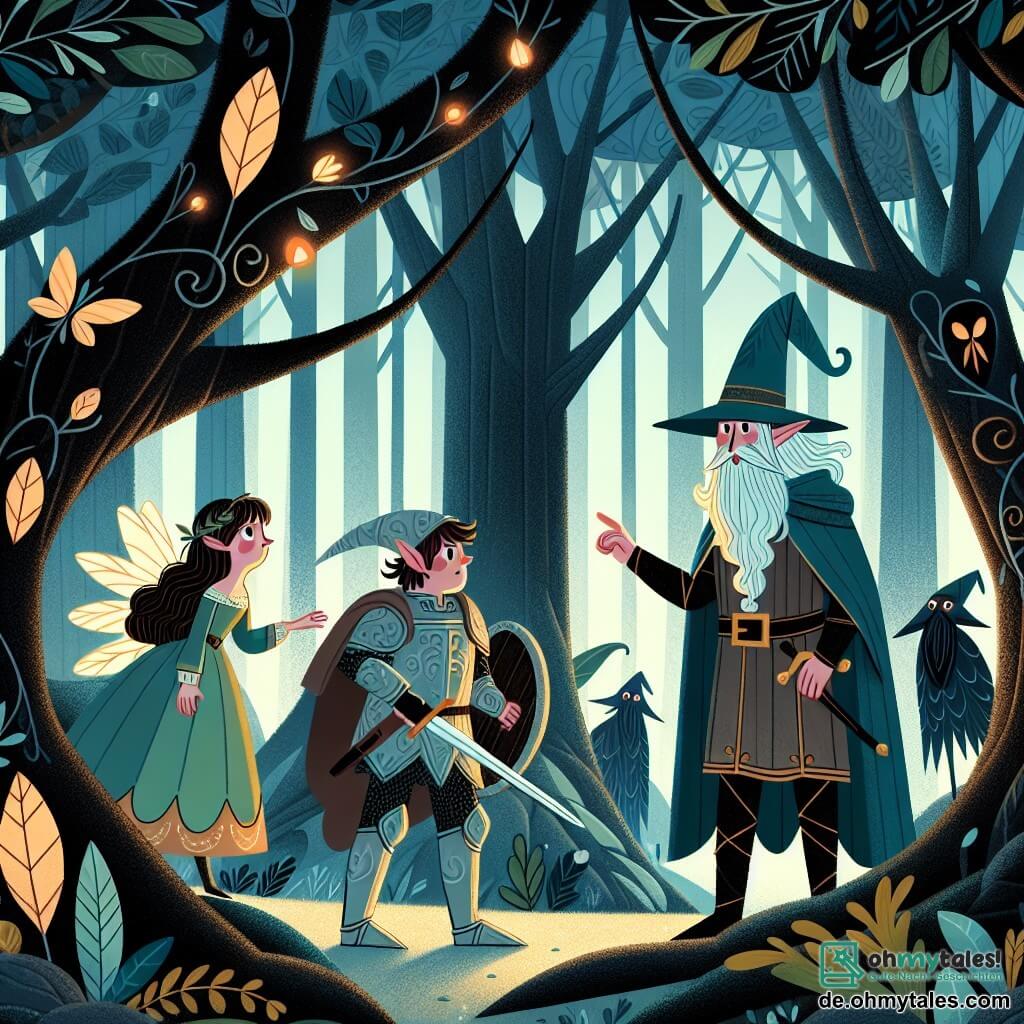 Une illustration destinée aux enfants représentant un courageux guerrier, face à un sinistre sorcier, accompagné d'une élégante elfe, dans un mystérieux et enchanteur bois aux arbres géants, aux feuilles lumineuses et aux chants d'oiseaux mélodieux.