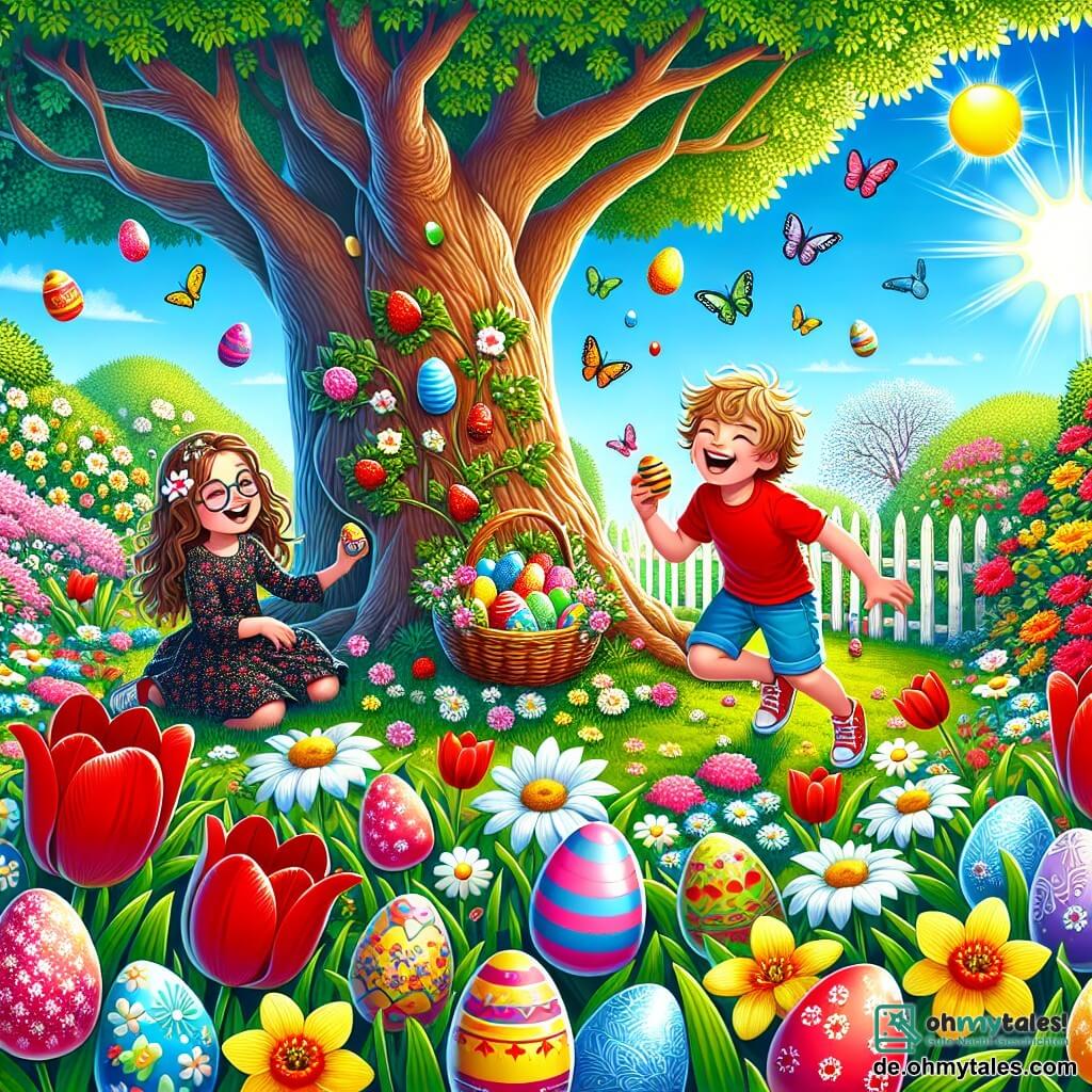 Illustration, die eine fröhliche Szene in einem blühenden Park während der Ostereiersuche darstellt. Der Park ist mit bunten Blumen gefüllt, darunter rote Tulpen, gelbe Narzissen und weiße Gänseblümchen, die im leichten Wind tanzen. In der Mitte bietet ein majestätischer großer Baum Schatten, während ein strahlend blauer, sonniger Himmel die Szene erhellt. Im Vordergrund sind drei Kinder: ein zehnjähriger Junge mit zerzausten blonden Haaren und strahlendem Lächeln, der ein rotes T-Shirt und eine blaue Shorts trägt und ein buntes Ei in der Hand hält. Neben ihm ein neunjähriges Mädchen mit langen, geflochtenen braunen Haaren, das in einem Blumenkleid gekleidet ist und sich hockt, um ein hinter einem Busch verstecktes Ei zu suchen. Schließlich ein anderer zehnjähriger Junge mit braunen Haaren und Brille, der lacht und einen Korb voller bunter Eier hält. Die Hauptsituation zeigt die Kinder bei der Ostereiersuche, lachend und spielend, mit leuchtend bemalten Eiern, die im Gras und hinter den Blumen versteckt sind. Vögel singen in den Bäumen und bunte Schmetterlinge fliegen um sie herum, was diesem festlichen Moment einen magischen Touch verleiht.