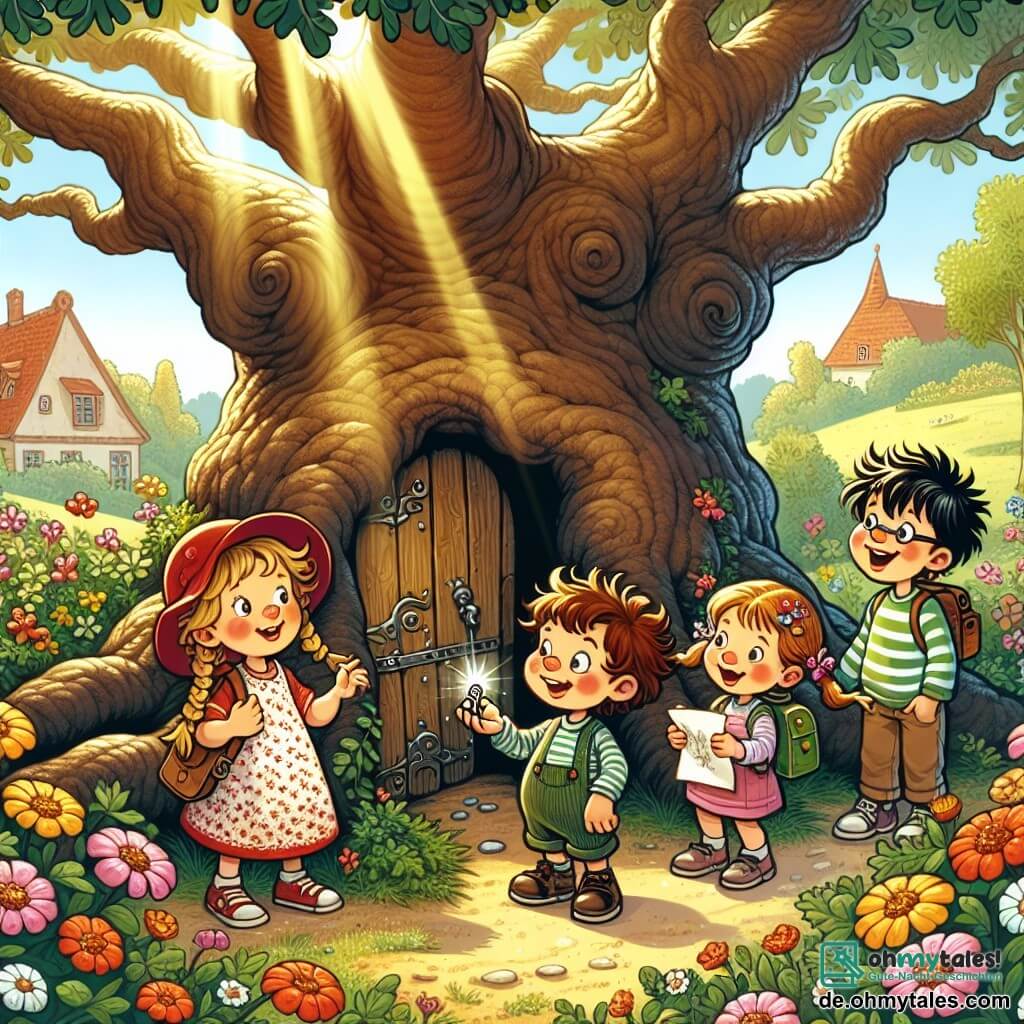 Illustration eines majestätischen alten Eichenbaums in einem sonnigen Park, dessen ausladende Äste Schatten spenden und von bunten Blumen umgeben sind. Am Fuße des Baumes versammelt sich eine Gruppe von vier Kindern, zwei Jungen und zwei Mädchen. Einer der Jungen, etwa 8 Jahre alt, hat zerzauste braune Haare und trägt eine rote Mütze, er hält einen kleinen glänzenden Schlüssel in der Hand. Das zweite Mädchen, ebenfalls 8 Jahre alt, hat lange geflochtene blonde Haare und ein schelmisches Lächeln, sie schaut neugierig zu dem Jungen. Der zweite Junge, etwas älter, etwa 9 Jahre, trägt eine Brille und ein gestreiftes T-Shirt, er beugt sich vor, fasziniert von einer kleinen Tür, die im Stamm des Baumes verborgen ist. Das letzte Mädchen, 7 Jahre alt, hat lockige Haare und trägt ein Blumenkleid, sie hält ein Stück Papier mit einer Zeichnung von Blumen. Die Szene strahlt ein Gefühl von Abenteuer und Geheimnis aus, mit Sonnenstrahlen, die durch die Blätter filtern, die Gesichter der Kinder erleuchten und eine magische Atmosphäre schaffen. Bunte Ballons schweben im Hintergrund und erinnern an das Dorffest.