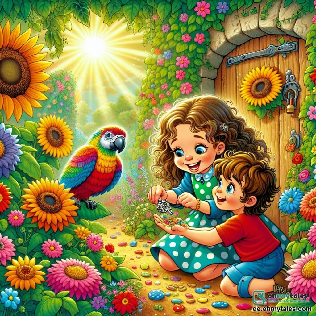 Illustration destinée aux enfants représentant un jardin ensoleillé, rempli de fleurs colorées et de grandes tournesols qui dansent doucement dans la brise. Au centre, une petite fille de 5 ans avec de longs cheveux bouclés et un sourire éclatant, vêtue d'une robe à pois, est accroupie, tenant un petit clé argentée dans ses mains, les yeux pétillants de curiosité. À ses côtés, un garçon de 6 ans, portant un t-shirt rouge et un short bleu, regarde la clé avec un air émerveillé, prêt à l'aider dans sa quête. En arrière-plan, une vieille porte en bois, couverte de lierre, s'ouvre sur un monde fantastique, tandis qu'un perroquet coloré, perché sur une branche, les observe avec un regard malicieux, prêt à les guider dans leurs défis impossibles.
