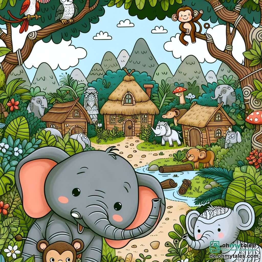 Une illustration destinée aux enfants représentant un éléphant au grand cœur, un petit singe perdu, une joyeuse bande d'animaux et un luxuriant et coloré village au cœur du dense et mystérieux Dschungel.