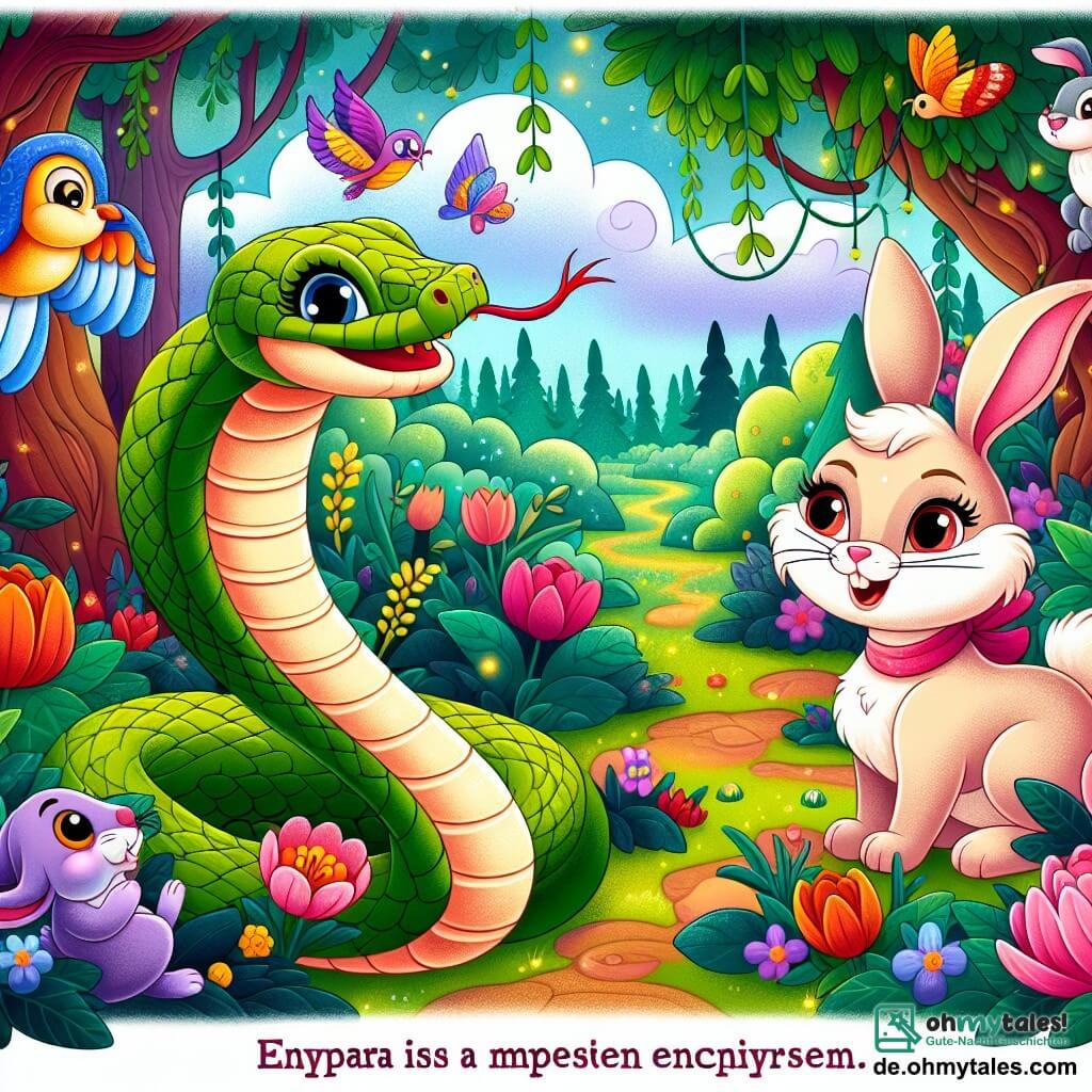 Une illustration destinée aux enfants représentant une charmante petite serpent, une fille, naviguant à travers un luxuriant et coloré jardin, accompagnée d'un joyeux lapin, un garçon, dans une forêt enchantée pleine de mystères.