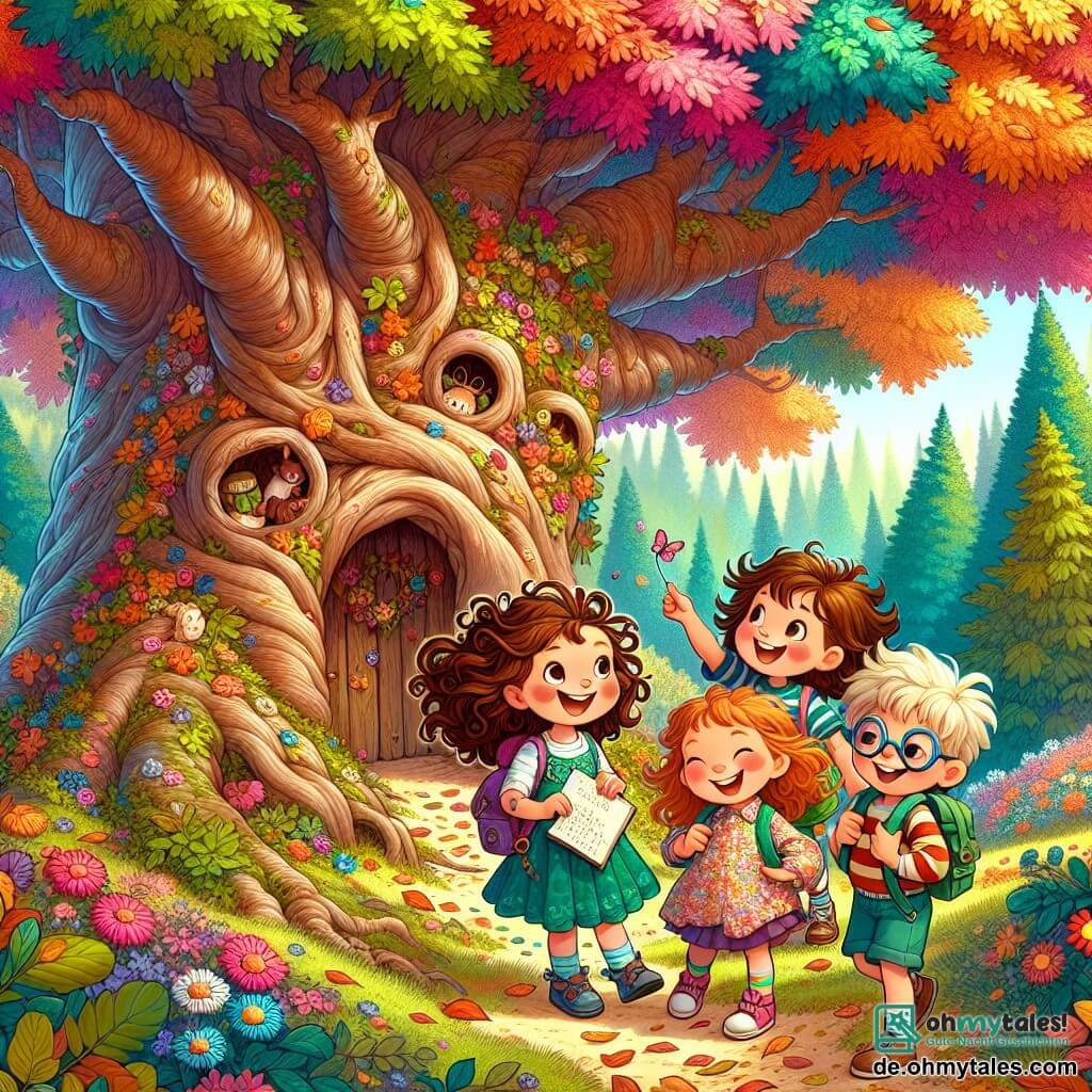 Eine Illustration zeigt eine fröhliche Szene in einem wunderschönen verzauberten Wald, wo ein großer Baum mit bunten Blättern im Zentrum steht, dessen knorrige Wurzeln eine kleine versteckte Tür bilden. Am Fuß des Baumes sind vier junge Freunde versammelt: Ein etwa 8-jähriges Mädchen mit einem gestreiften bunten Hut und einem leichten Kleid, dessen lockige braune Haare im Wind wehen. Sie lächelt begeistert und hält eine Schatzkarte in den Händen. Ein weiteres 8-jähriges Mädchen trägt ein Blumenmuster-T-Shirt und hat ein breites Lächeln, während sie ein mit Süßigkeiten gefülltes Rucksack hat und ein Bonbon herausnimmt. Ein 7-jähriges Mädchen mit runden Brillen und einem Notizbuch in der Hand schreibt mit einem Bleistift, die Augen vor Aufregung funkelnd, während sie ihre Freundinnen beobachtet. Ein 8-jähriger Junge mit zerzausten blonden Haaren, in Shorts und Sandalen, steht auf einem Bein, lacht laut und ist bereit, in einen Haufen bunter Blätter zu springen. Die Hauptsituation zeigt diese Freunde, die einen geheimen Durchgang unter dem Baum entdecken, umgeben von riesigen Bonbons und leuchtenden Blumen, mit Lachen und überraschten Gesichtern. Sonnenstrahlen filtern durch die Äste und erleuchten die Szene mit goldenem, warmem Licht, während ein kleiner bunter Vogel sie neugierig von einem Ast aus beobachtet.