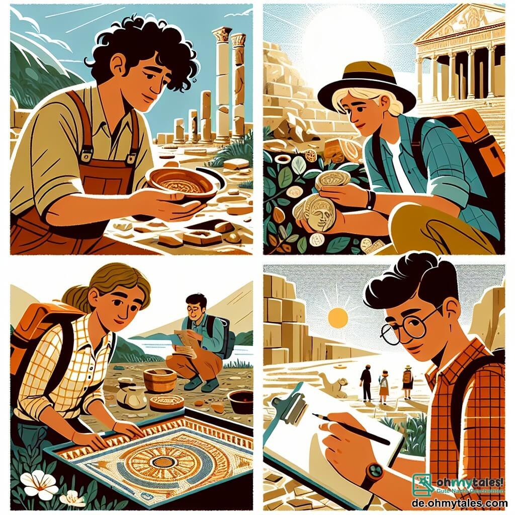 Une illustration sous forme de dessin destinée aux enfants représentant un site archéologique ensoleillé près des ruines d'Ostia Antica, avec un homme aux cheveux bruns et bouclés, portant un chapeau de paille et des vêtements de travail, en train de délicatement nettoyer une ancienne céramique avec un petit pinceau, tandis qu'une jeune femme aux cheveux blonds, vêtue d'une chemise à carreaux et d'un pantalon de randonnée, observe avec émerveillement un fragment de mosaïque, et un jeune homme aux lunettes rondes et à la peau mate, tenant un carnet de notes, prend des croquis des découvertes, le tout dans une ambiance de curiosité et d'excitation face aux trésors du passé.