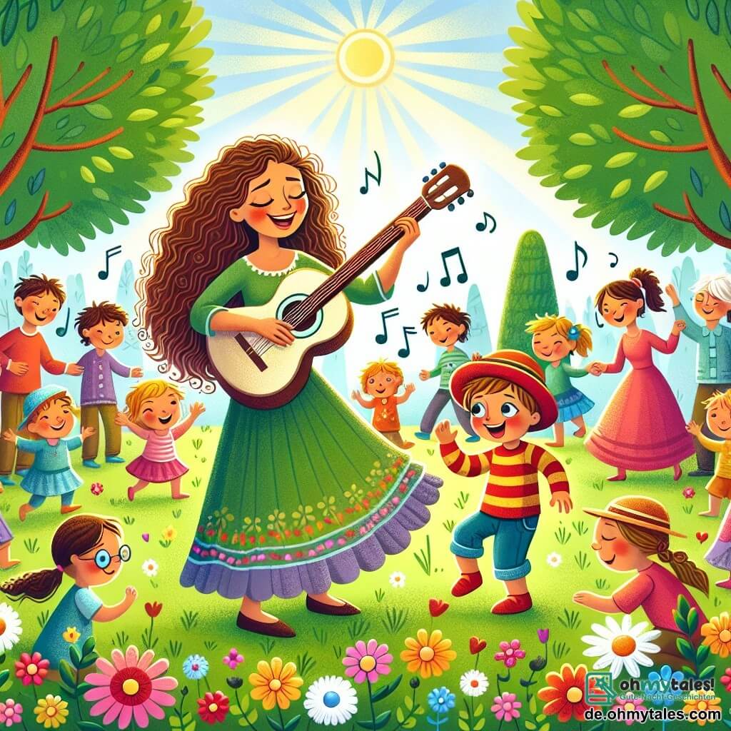Une illustration sous forme de dessin destinée aux enfants représentant un parc ensoleillé avec des arbres aux feuilles vertes et des fleurs colorées, où une femme aux longs cheveux bouclés et au sourire éclatant joue de la guitare, entourée d'un petit garçon aux yeux curieux et au chapeau coloré qui danse joyeusement, tandis qu'un groupe d'enfants et d'adultes s'assemble autour d'eux, captivés par leur musique et leur amitié, créant une atmosphère de joie et de partage.