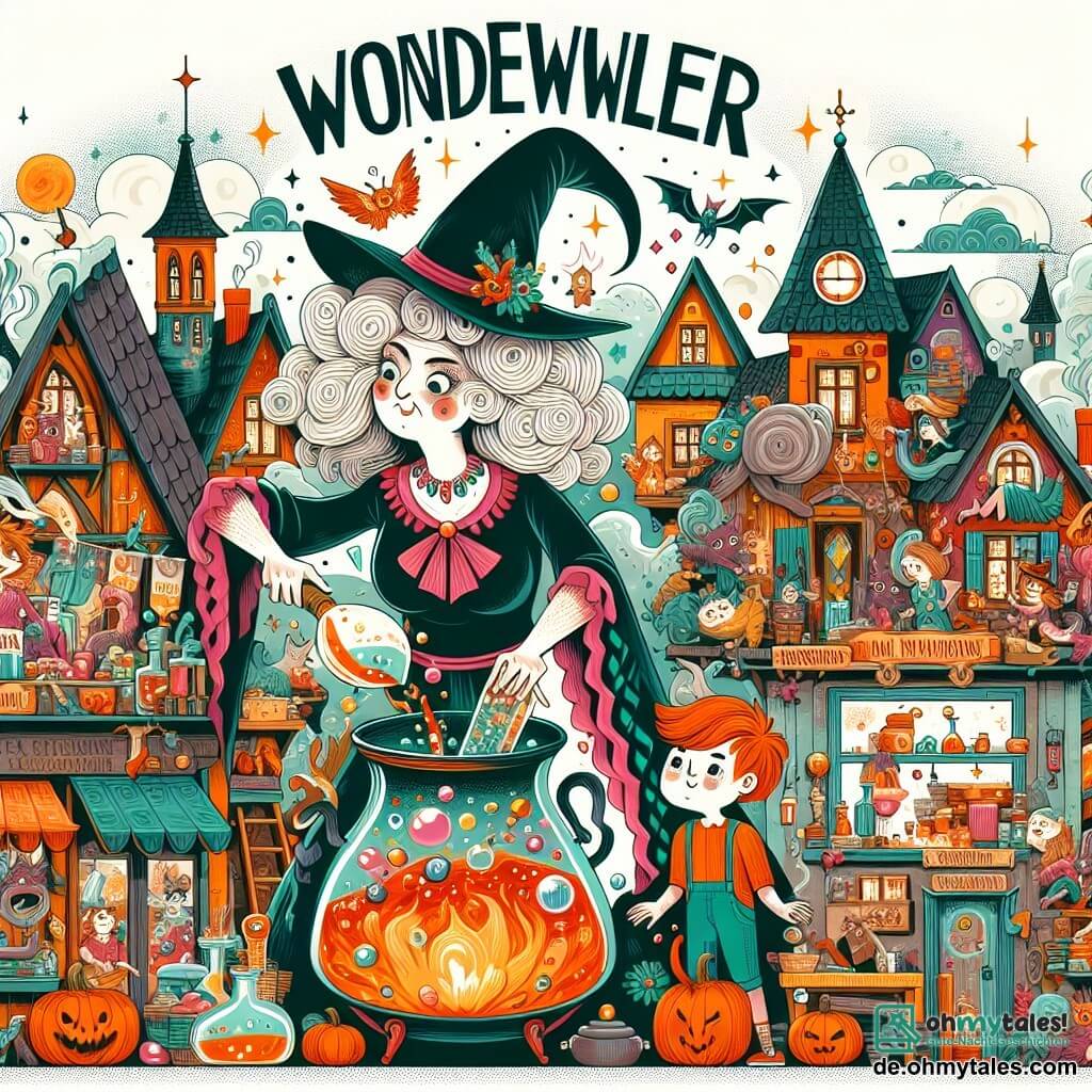 Une illustration destinée aux enfants représentant une sorcière excentrique concoctant un zaubertrank dans sa cuisine chaotique, accompagnée d'un garçon nommé Max, dans un petit village coloré nommé Wunderbar.