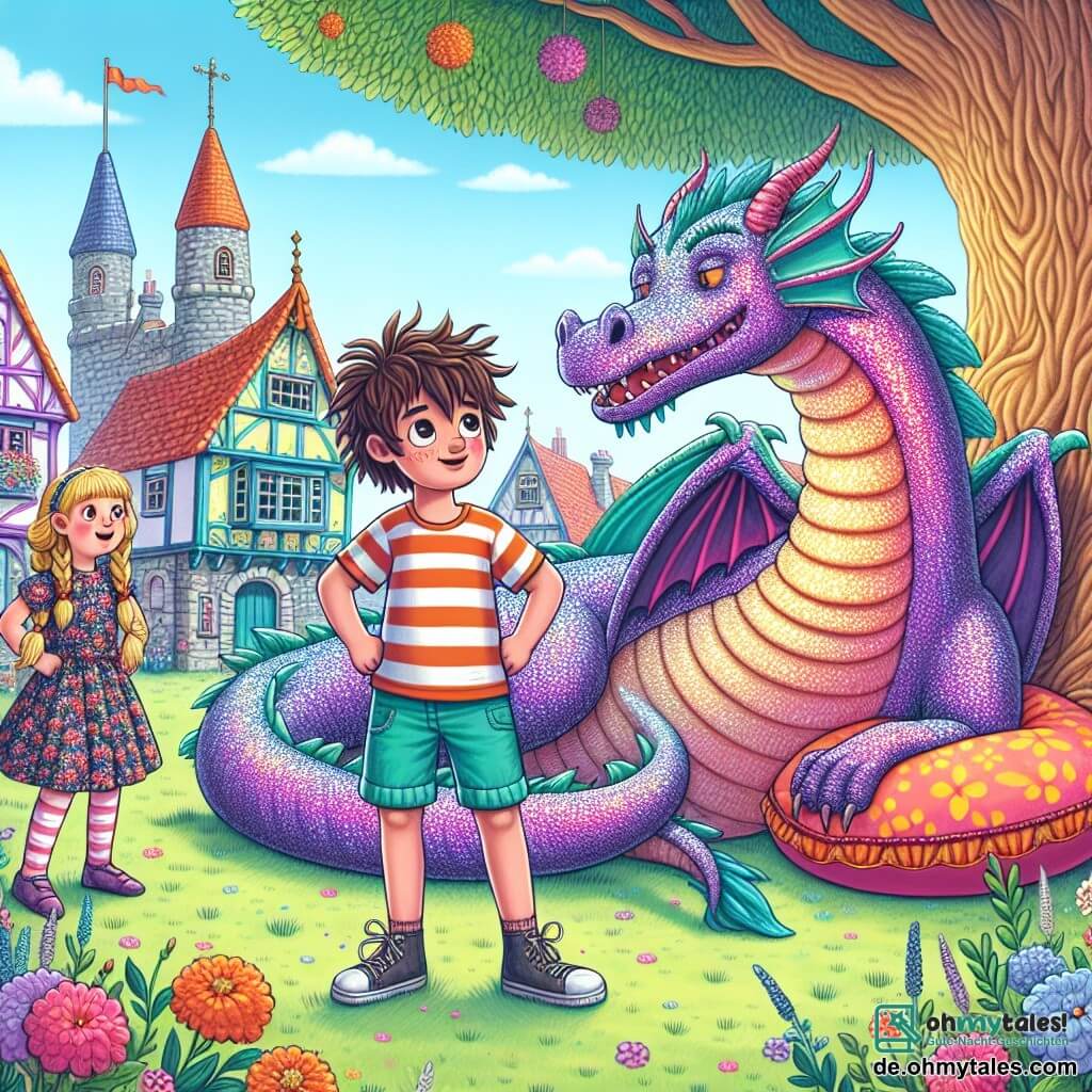 Une illustration sous forme de dessin destinée aux enfants représentant un village pittoresque avec des maisons colorées et un grand arbre au centre, où un garçon de 11 ans aux cheveux bruns en désordre, vêtu d'une chemise à rayures et d'un short, se tient courageusement devant un dragon violet aux écailles scintillantes, qui s'étend paresseusement sur un grand coussin moelleux, tandis qu'une fille aux cheveux blonds tressés, portant une robe à fleurs, observe avec curiosité et un sourire, alors qu'ils tentent de convaincre le dragon de choisir un endroit confortable pour dormir, entourés de fleurs éclatantes et d'une atmosphère joyeuse et humoristique.