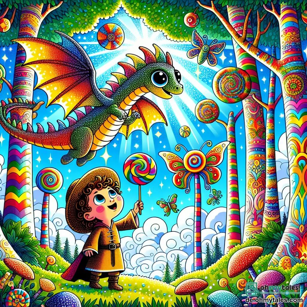 Eine Illustration zeigt eine magische Szene in einem verwunschenen Wald, wo große, buntstammige Bäume in einen blauen Himmel mit zuckerwattenartigen Wolken ragen. Im Zentrum bewundert ein kleiner Drache mit schimmernden, regenbogenfarbenen Schuppen ein Feld riesiger, leuchtender Blumen. Der Drache, mit großen, neugierigen Augen, schlägt sanft mit den Flügeln und schwebt über dem Boden, bereit, diese wunderbare Welt zu erkunden. Neben ihm steht ein etwa achtjähriger Junge mit lockigem Haar und funkelnden Augen, der ein Leinentunika und einen Strohhut trägt. Er lächelt erstaunt und streckt die Hand zum Drachen aus, als wolle er ihn berühren. Die Hauptsituation zeigt, wie der Drache und der Junge gemeinsam diesen verwunschenen Wald entdecken, umgeben von fantastischen Kreaturen wie riesigen Schmetterlingen und bunten Vögeln, die um sie herumfliegen und eine fröhliche, abenteuerliche Atmosphäre schaffen. Lichtstrahlen filtern durch die Blätter und verleihen dieser märchenhaften Szene einen Hauch von Magie.