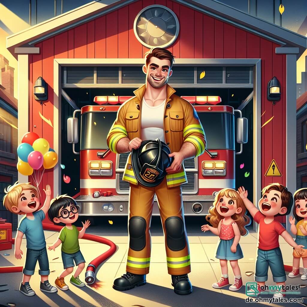Illustration eines großen Feuerwehrgebäudes mit einer leuchtend roten Fassade und einem offenen großen Garagentor, das ein glänzendes Feuerwehrauto zeigt. Draußen steht ein muskulöser Mann in gelbem Feuerwehranzug und schwarzem Helm mit einem breiten Lächeln und hält einen Feuerwehrschlauch. Er hat kurzes braunes Haar und einen gepflegten Bart. Um ihn herum stehen fünf aufgeregte Kinder im Alter von 6 bis 10 Jahren, die bewundernd zuschauen. Einer der Jungen mit Brille und blonden Haaren versucht, einen zu großen Feuerwehrhelm aufzusetzen, während ein kleines Mädchen mit lockigem braunem Haar ihn lachend anfeuert. Die Szene strahlt eine fröhliche und dynamische Atmosphäre aus, mit bunten Ballons in der Luft und Sonnenstrahlen, die alles erhellen, was den Teamgeist und das Lernen symbolisiert.