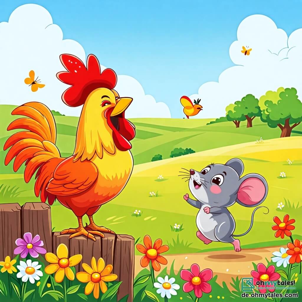 Une illustration sous forme de dessin destinée aux enfants représentant une scène joyeuse dans une ferme ensoleillée, avec un coq aux plumes éclatantes de rouge et d'or, perché sur un vieux muret en bois, en train de chanter de toutes ses forces, tandis qu'une petite souris grise aux yeux pétillants, sautillant avec enthousiasme, danse autour de lui, le tout entouré de champs verdoyants et de fleurs colorées, capturant l'esprit d'amitié et de joie d'un matin plein de rires.
