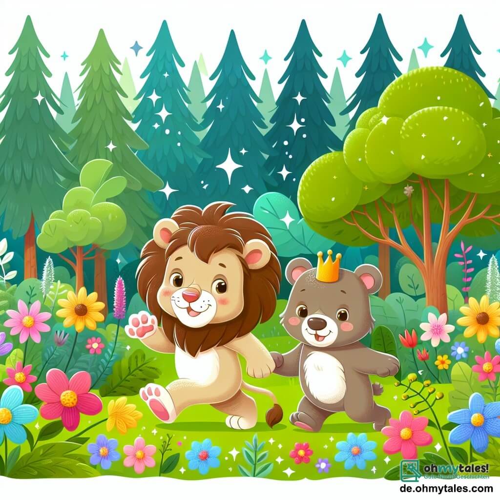 Une illustration destinée aux enfants représentant un lionceau maladroit et curieux, accompagné d'un ourson joyeux, se promenant dans une forêt luxuriante remplie de fleurs aux couleurs vives et d'arbres majestueux aux feuilles scintillantes.
