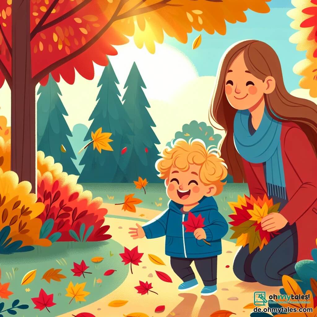 Une illustration sous forme de dessin destinée aux enfants représentant un parc en automne, avec des arbres aux feuilles rouges, jaunes et oranges, un petit garçon de 2 ans aux cheveux blonds et bouclés, vêtu d'une veste bleue, qui sourit en ramassant des feuilles colorées, tandis qu'une maman aux cheveux bruns et longs, portant une veste rouge, l'observe avec un sourire bienveillant, le tout dans une ambiance joyeuse et ensoleillée, capturant l'émerveillement de l'automne.