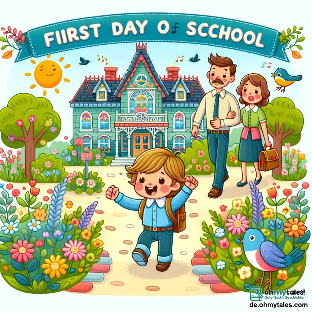 Une illustration destinée aux enfants représentant un petit garçon excité le matin de sa première journée d'école, accompagné de ses parents bienveillants, se dirigeant vers un charmant bâtiment de style victorien transformé en une école maternelle colorée, entouré de fleurs et d'oiseaux chantants.
