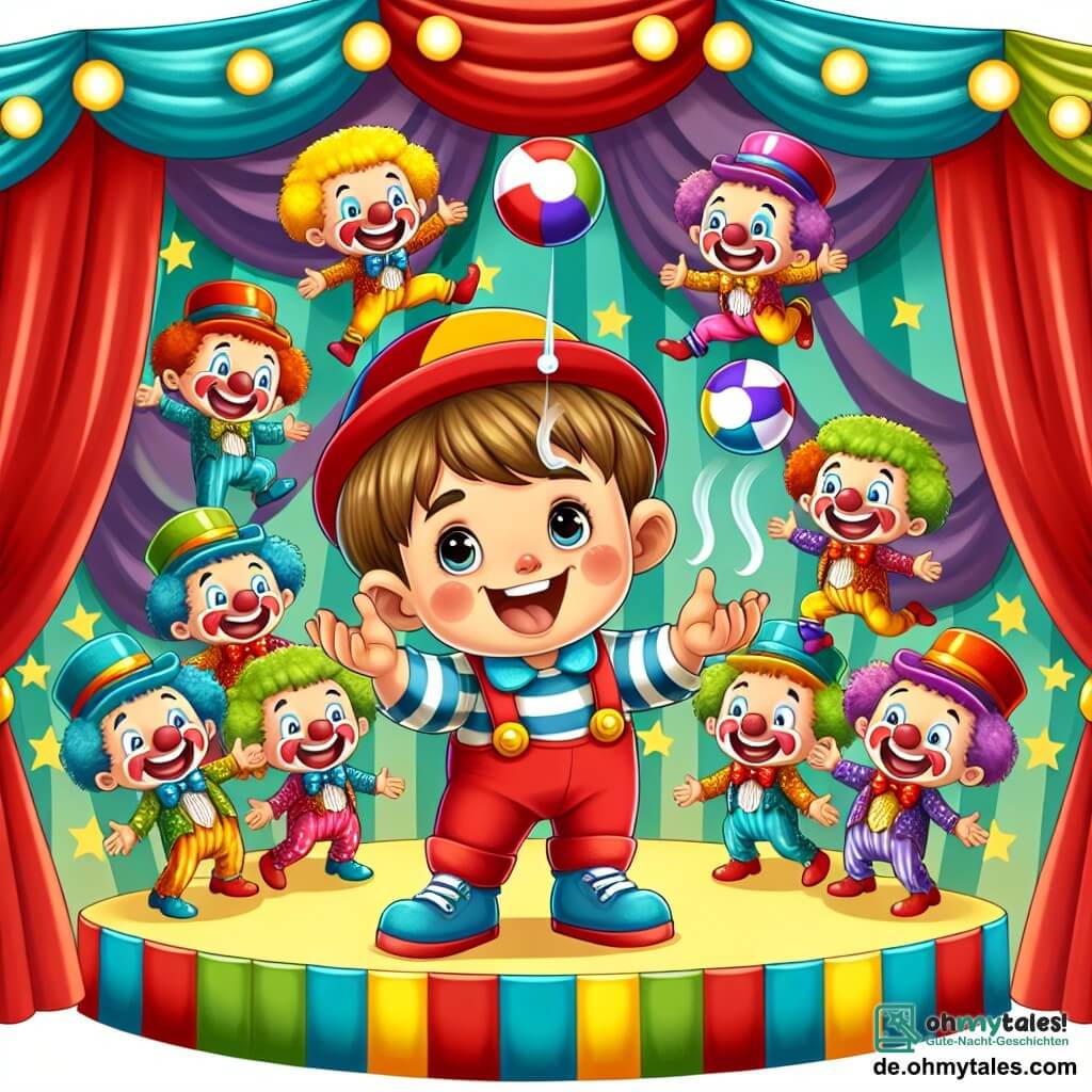 Une illustration destinée aux enfants représentant un petit garçon jongleur, entouré de clowns rieurs, se produisant dans un magnifique chapiteau de cirque aux couleurs vives et chatoyantes.
