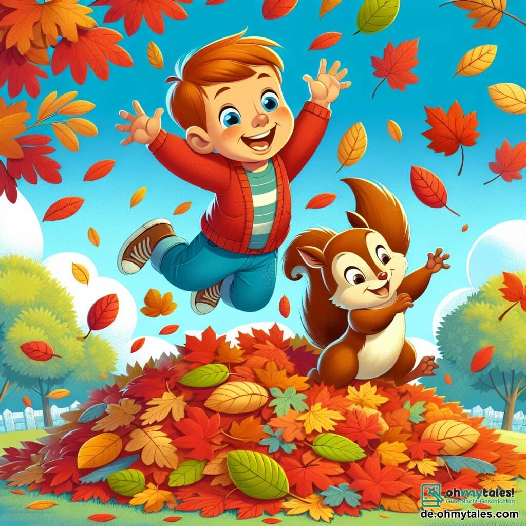 Une illustration destinée aux enfants représentant un petit garçon enthousiaste sautant dans un grand tas de feuilles colorées, accompagné d'un joyeux petit écureuil, dans un parc recouvert de tapis de feuilles rouges, oranges et jaunes sous un ciel bleu clair.
