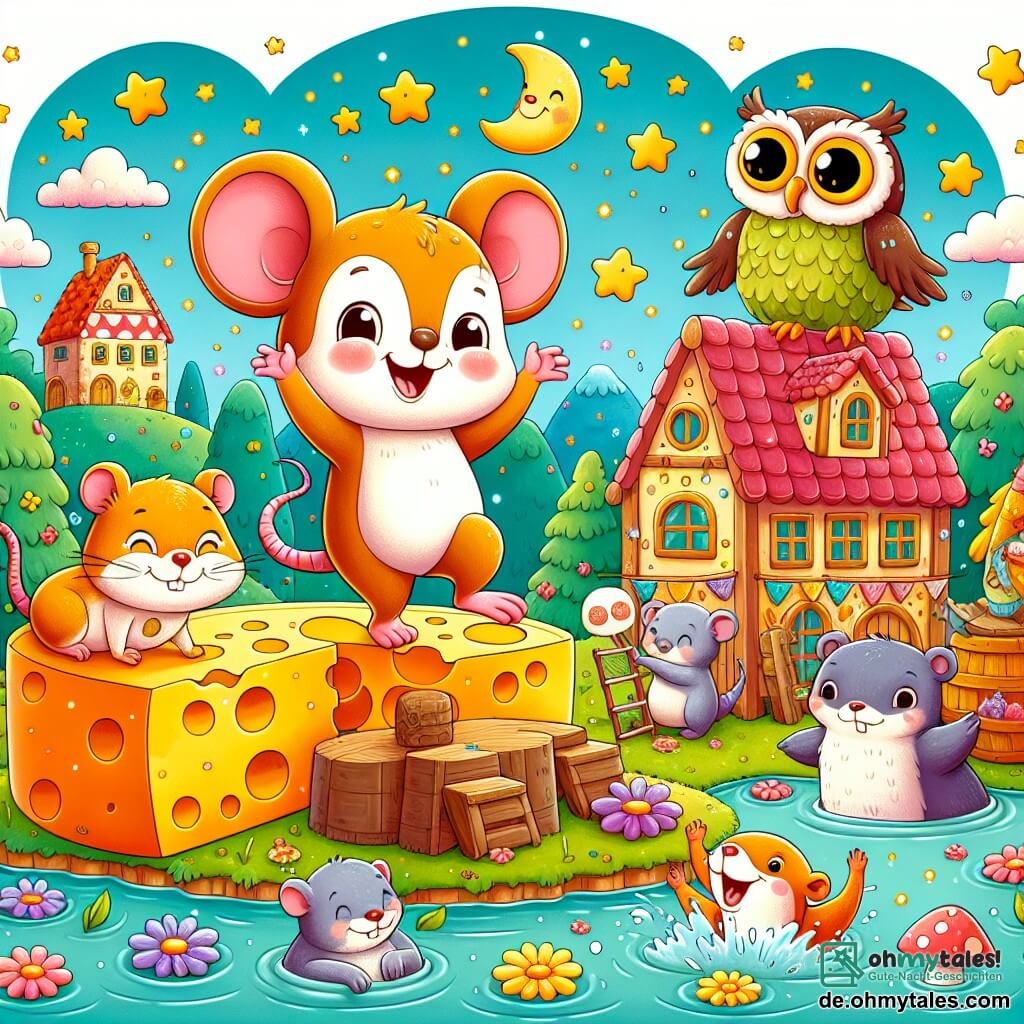 Une illustration sous forme de dessin destinée aux enfants représentant un village pittoresque avec des maisons en fromage et des fleurs colorées, où une petite souris joyeuse avec de grandes oreilles et un sourire éclatant danse sur une scène improvisée, entourée d'une sage chouette aux plumes dorées, d'un otter espiègle qui éclabousse joyeusement dans l'eau, et d'une tortue artistique peignant des décorations colorées, tous célébrant ensemble lors d'une grande fête animalière pleine de rires et de jeux sous un ciel étoilé.