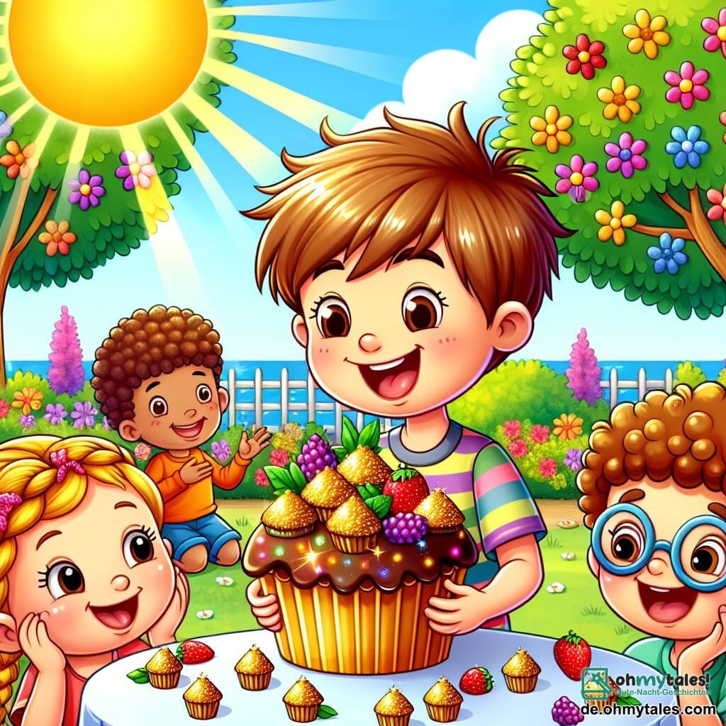 Une illustration sous forme de dessin destinée aux enfants représentant un parc coloré et ensoleillé, avec des arbres aux feuilles éclatantes et des fleurs multicolores, où un garçon de 7 ans aux cheveux bruns en bataille et portant une chemise à rayures, souriant et enthousiaste, est en train de présenter fièrement ses muffins dorés et garnis de baies brillantes sur une table décorée, tandis qu'un groupe d'enfants aux visages joyeux, dont une fille aux cheveux blonds tressés et un garçon aux lunettes rondes, l'entoure, admirant ses créations et discutant de la compétition de muffins qui se déroule autour d'eux.