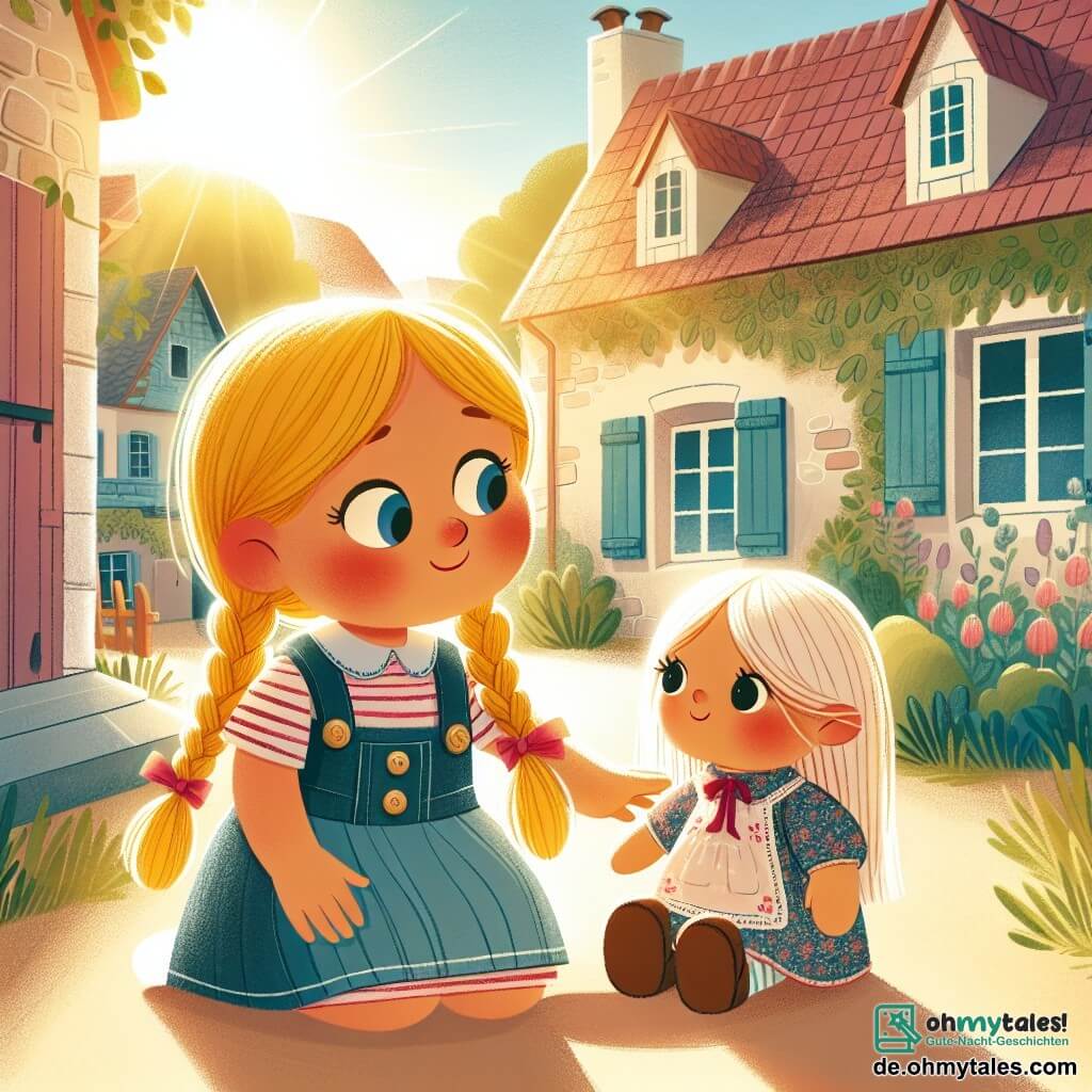 Une illustration destinée aux enfants représentant une petite fille aux blonds zöpfen, confrontée à la séparation de ses parents, accompagnée de sa poupée Lulu, dans le jardin ensoleillé de sa maison à Hügeldorf.