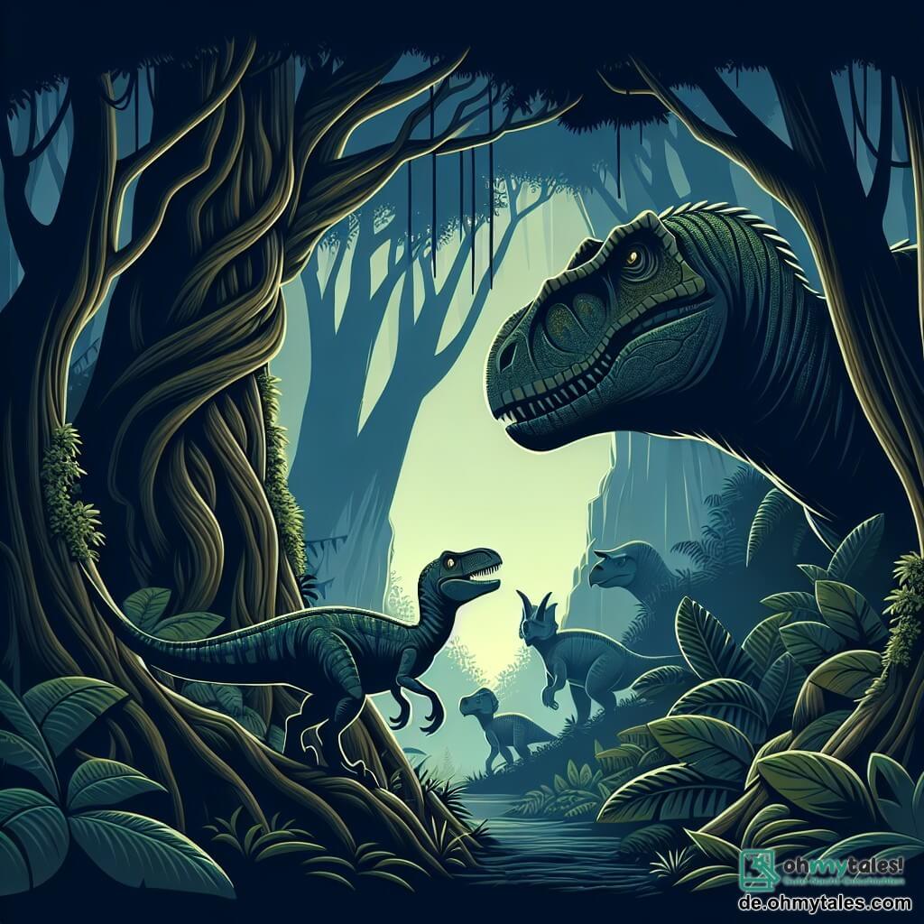 Une illustration destinée aux enfants représentant un jeune vélociraptor garçon explorant un mystérieux felsen en forme de tête de dinosaure, accompagné d'une tricératops fille, dans une forêt sombre et mystique remplie de grands arbres et de plantes luxuriantes.
