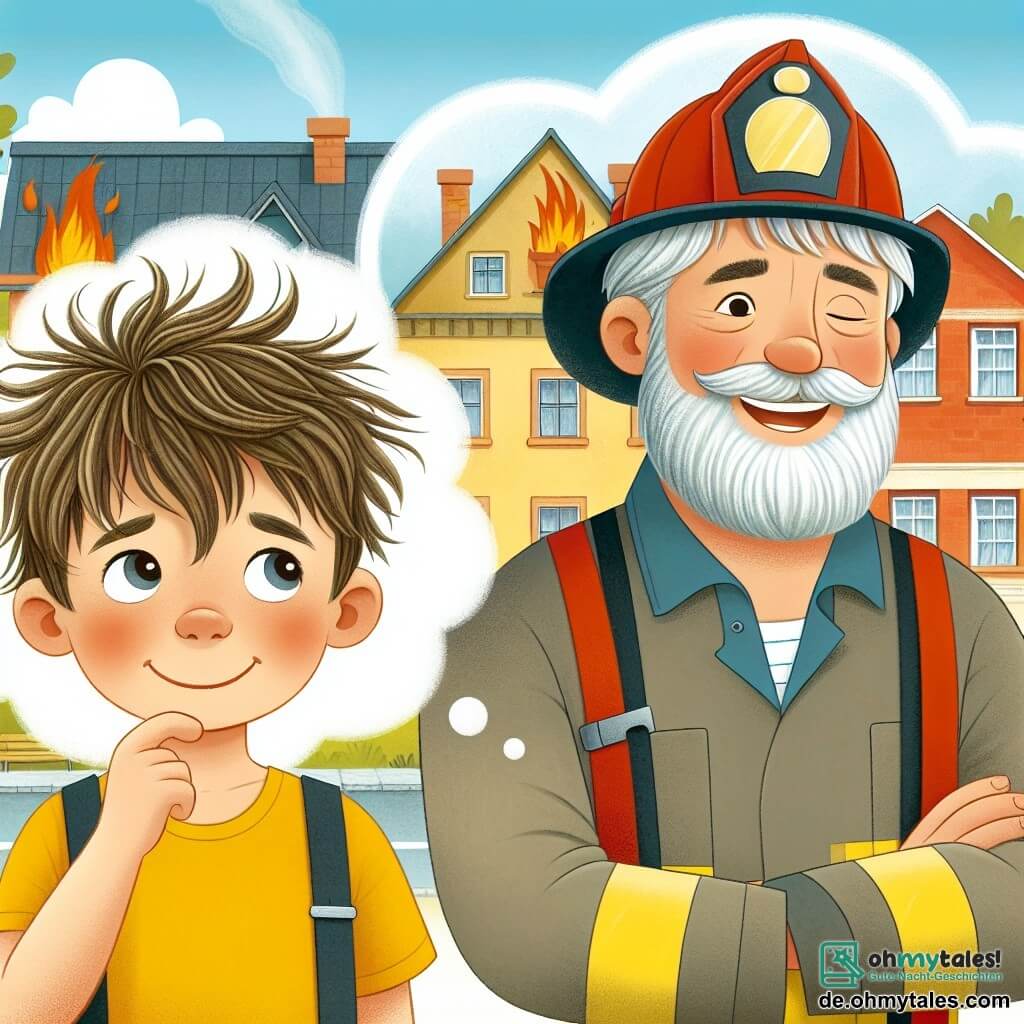 Une illustration destinée aux enfants représentant un jeune garçon aux cheveux ébouriffés rêvant de devenir un courageux pompier, accompagné de son mentor, un homme barbu et souriant, dans la petite ville ensoleillée de Hügeldorf, avec un feu de maison en arrière-plan.