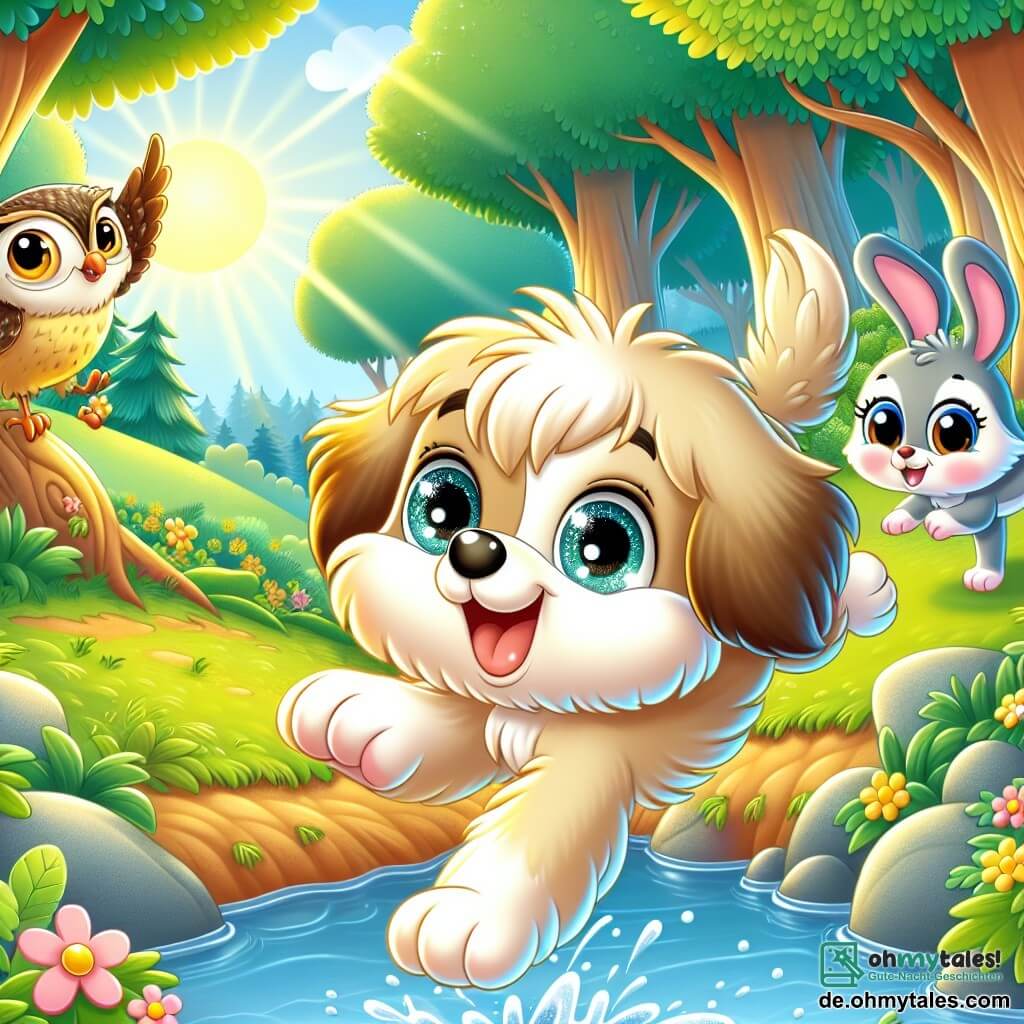 Une illustration sous forme de dessin destinée aux enfants représentant une clairière ensoleillée dans une forêt enchantée, où un jeune chien aux grands yeux brillants et au pelage doux et ondulé saute joyeusement au-dessus d'un petit ruisseau, tandis qu'une sage chouette aux plumes dorées et un espiègle lapin aux grandes oreilles l'encouragent depuis le bord, capturant l'instant où le chien fait preuve de courage pour franchir un obstacle et découvrir la magie de l'amitié et du soutien dans son aventure.