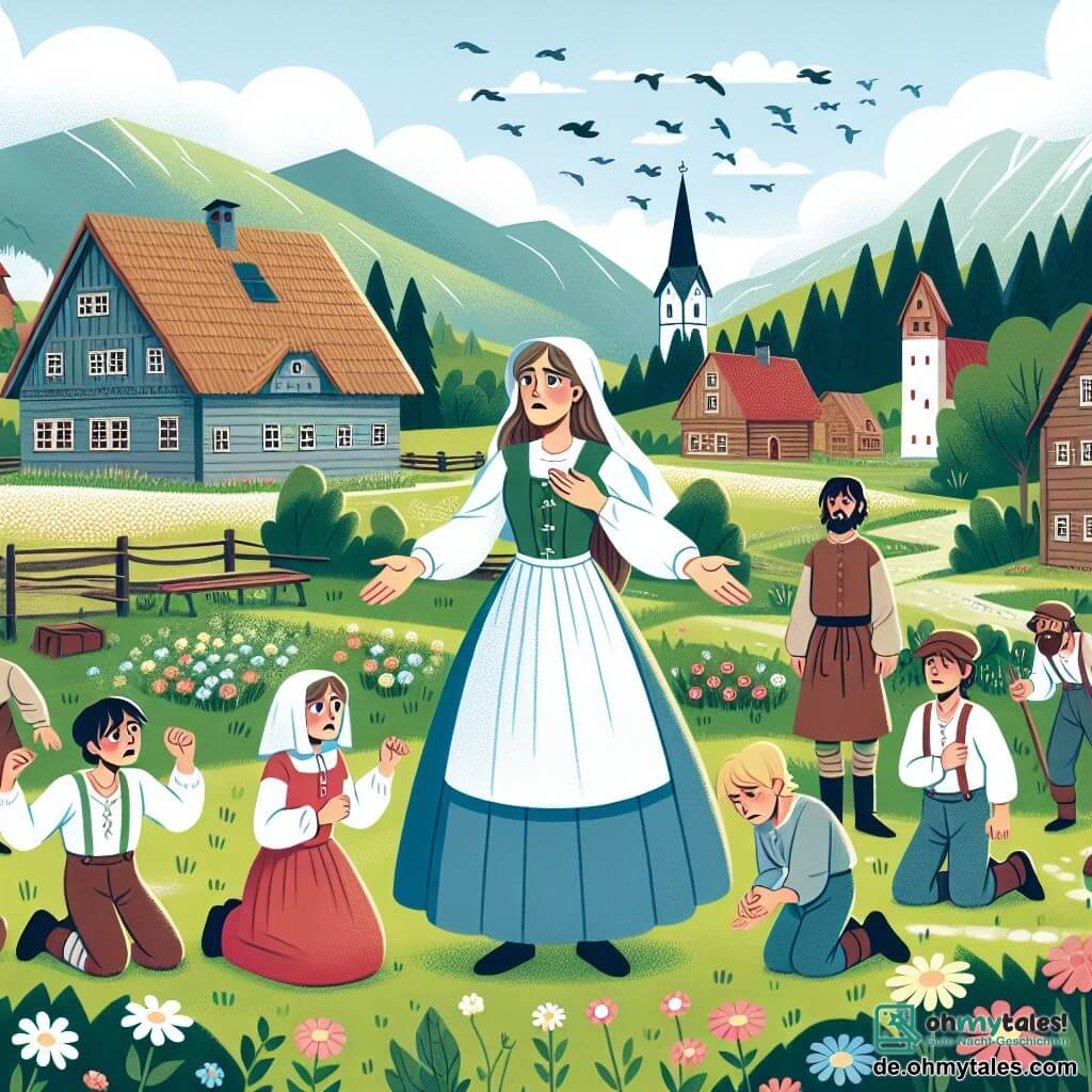 Une illustration destinée aux enfants représentant une femme courageuse et bienveillante, dans un village paisible touché par la guerre, entourée de ses voisins inquiets, se déroulant à Lindenwiese, un endroit verdoyant et pittoresque avec des maisons en bois et des champs fleuris.