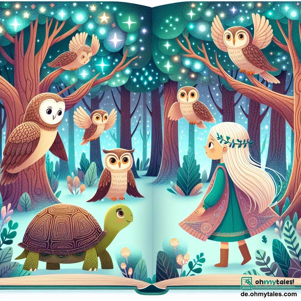 Une illustration destinée aux enfants représentant une jeune fille aux longs cheveux blonds, perdue dans un monde magique rempli d'arbres anciens, accompagnée de personnages sages tels qu'une Schildkröte (fille) et un Eulenpaar (garçon) dans un verzauberten Wald aux couleurs chatoyantes.