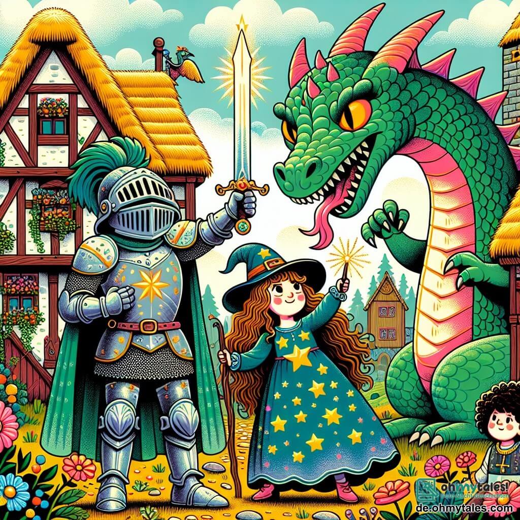 Une illustration sous forme de dessin destinée aux enfants représentant une scène vibrante dans un village médiéval pittoresque, avec des maisons en bois aux toits de chaume et des fleurs colorées dans les jardins, où un courageux chevalier en armure brillante, avec un casque orné et un long épée scintillante, se tient fermement face à un énorme dragon aux écailles vertes et aux yeux flamboyants, tandis qu'une jeune fille sorcière aux cheveux longs et ondulés, vêtue d'une robe étoilée, lève sa baguette magique pour lancer un sort, et un petit garçon aux cheveux bouclés, armé d'une fronde, se prépare à aider son ami, alors qu'ils unissent leurs forces pour défendre leur village contre la menace du dragon.