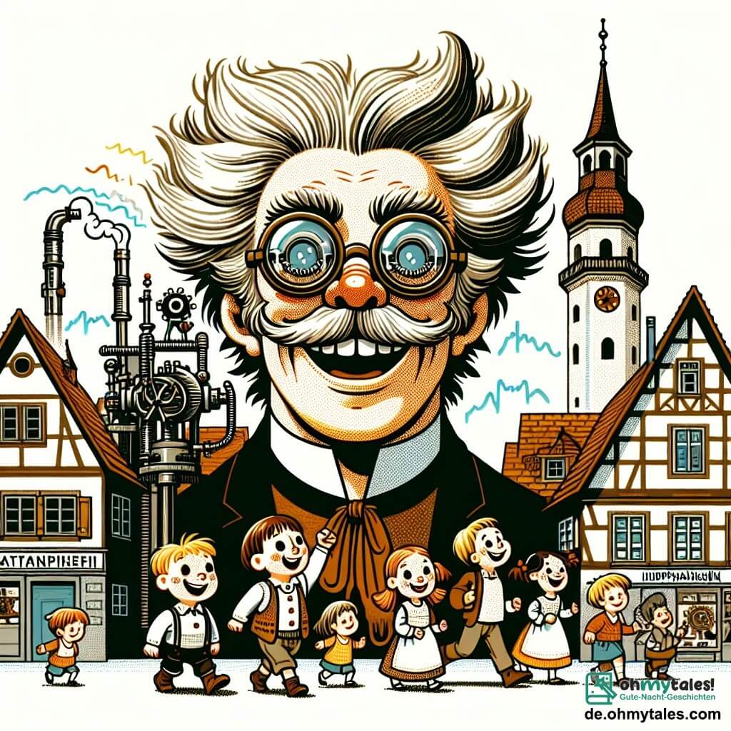 Une illustration destinée aux enfants représentant un inventeur excentrique aux cheveux sauvages et aux lunettes géantes, accompagné de jeunes enfants enthousiastes, dans sa charmante et colorée petite ville de Hüpfhausen.