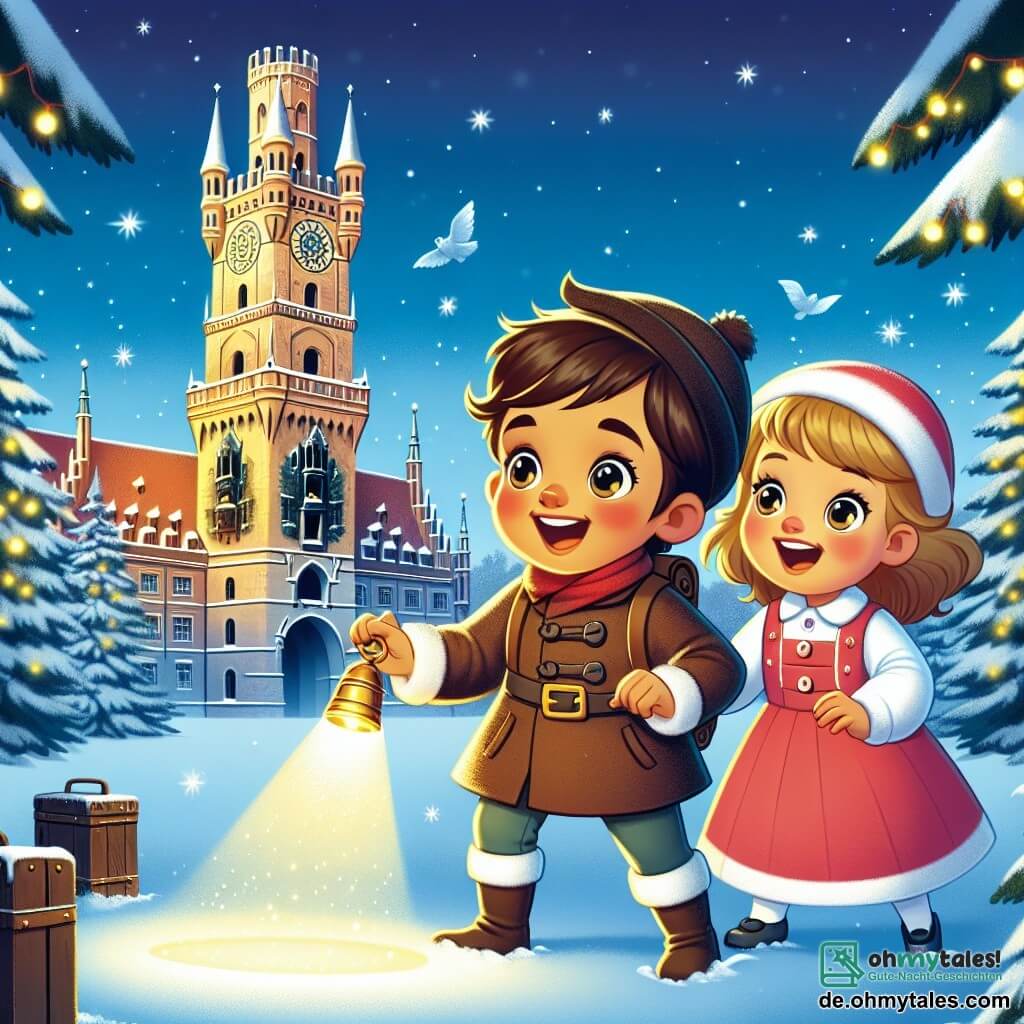Une illustration destinée aux enfants représentant un garçon émerveillé découvrant un mystérieux message de Noël, accompagné de sa nouvelle amie, une fille aux yeux pétillants, dans un parc enneigé avec un vieux Glockenturm majestueux en arrière-plan.
