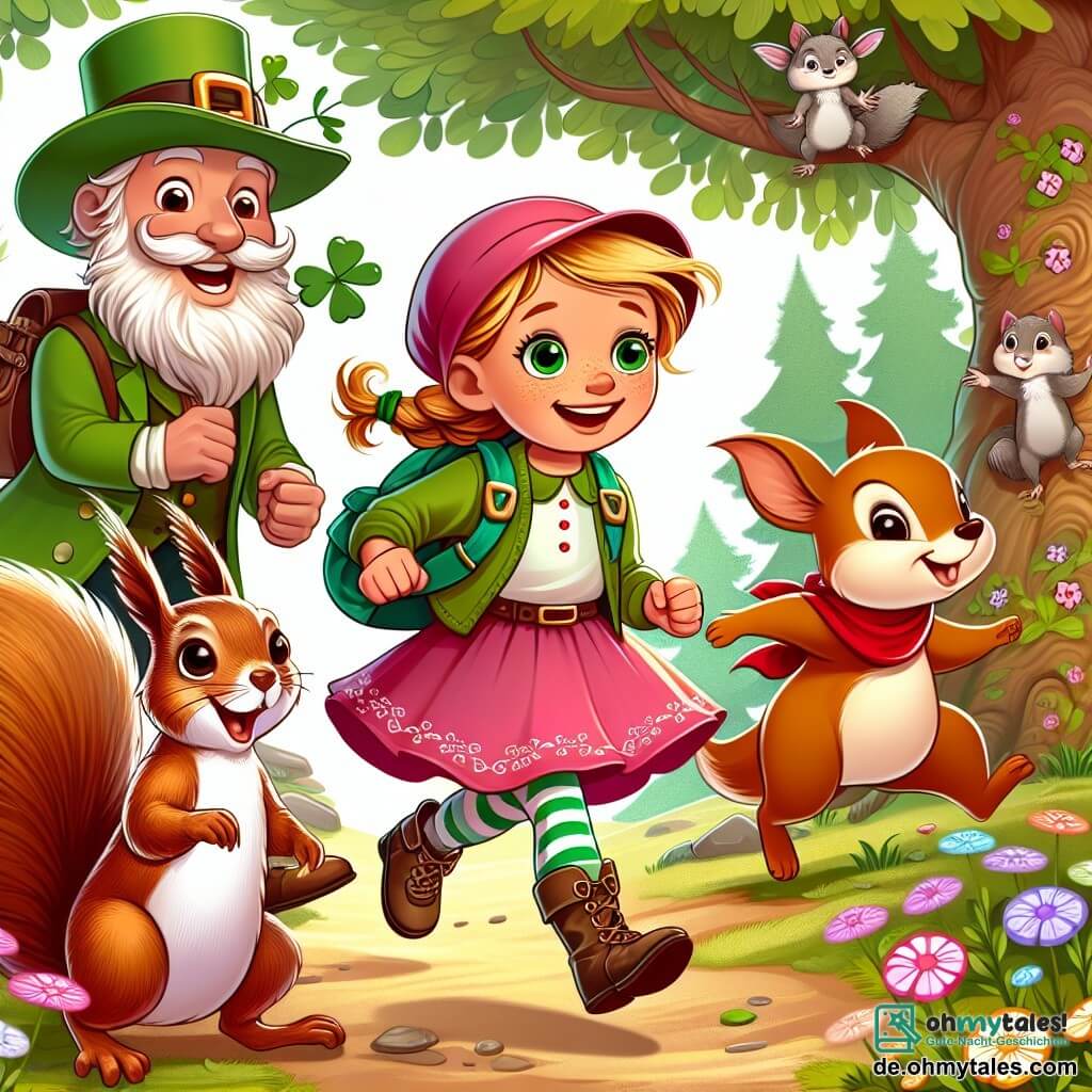 Une illustration destinée aux enfants représentant une jeune fille intrépide, accompagnée d'un espiègle écureuil et d'un farfadet facétieux, partant à l'aventure dans un Zauberwald enchanté où les arbres ont des visages rigolos et les fleurs dansent au vent.