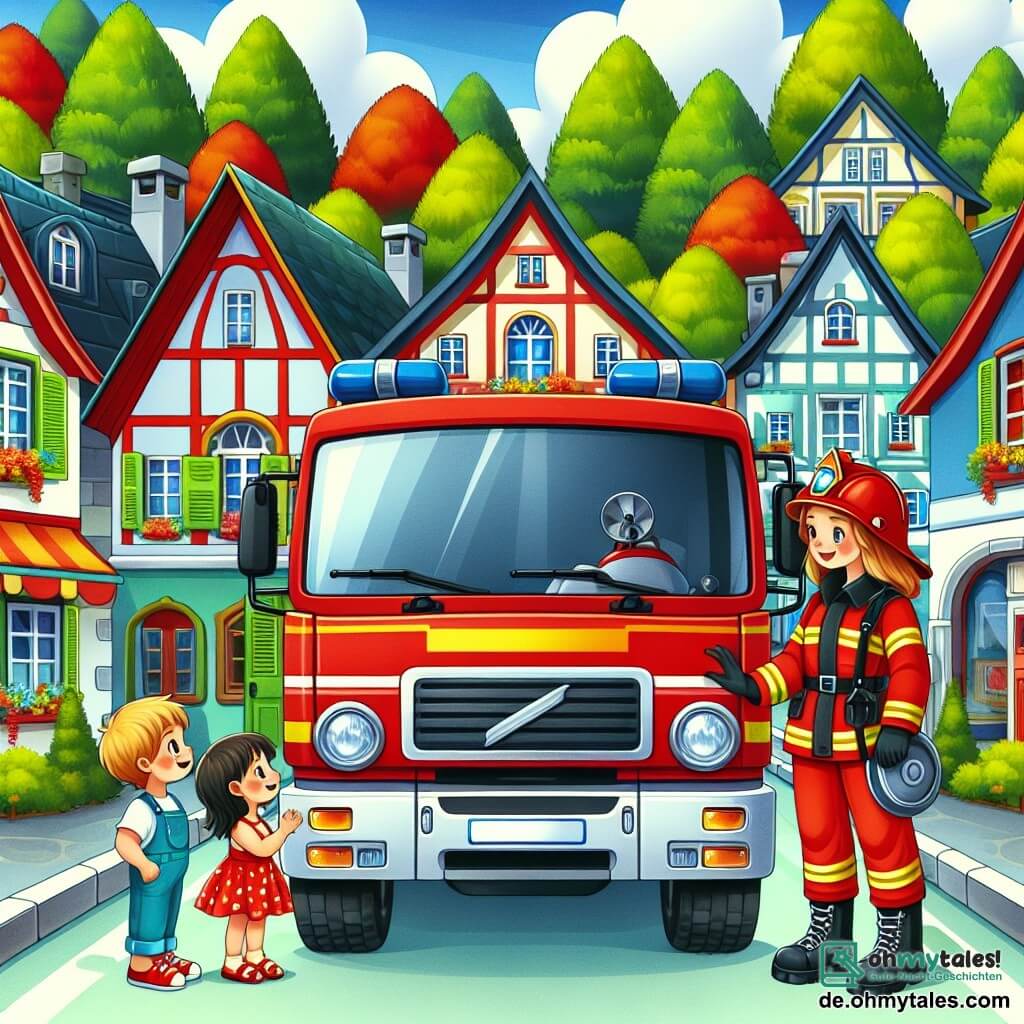 Une illustration destinée aux enfants représentant une courageuse femme pompier en uniforme rouge, aux côtés d'un garçon et d'une fille émerveillés, devant un grand camion de pompiers rouge vif, avec des maisons colorées et des arbres verdoyants en arrière-plan, dans la pittoresque petite ville de Blumenhausen.
