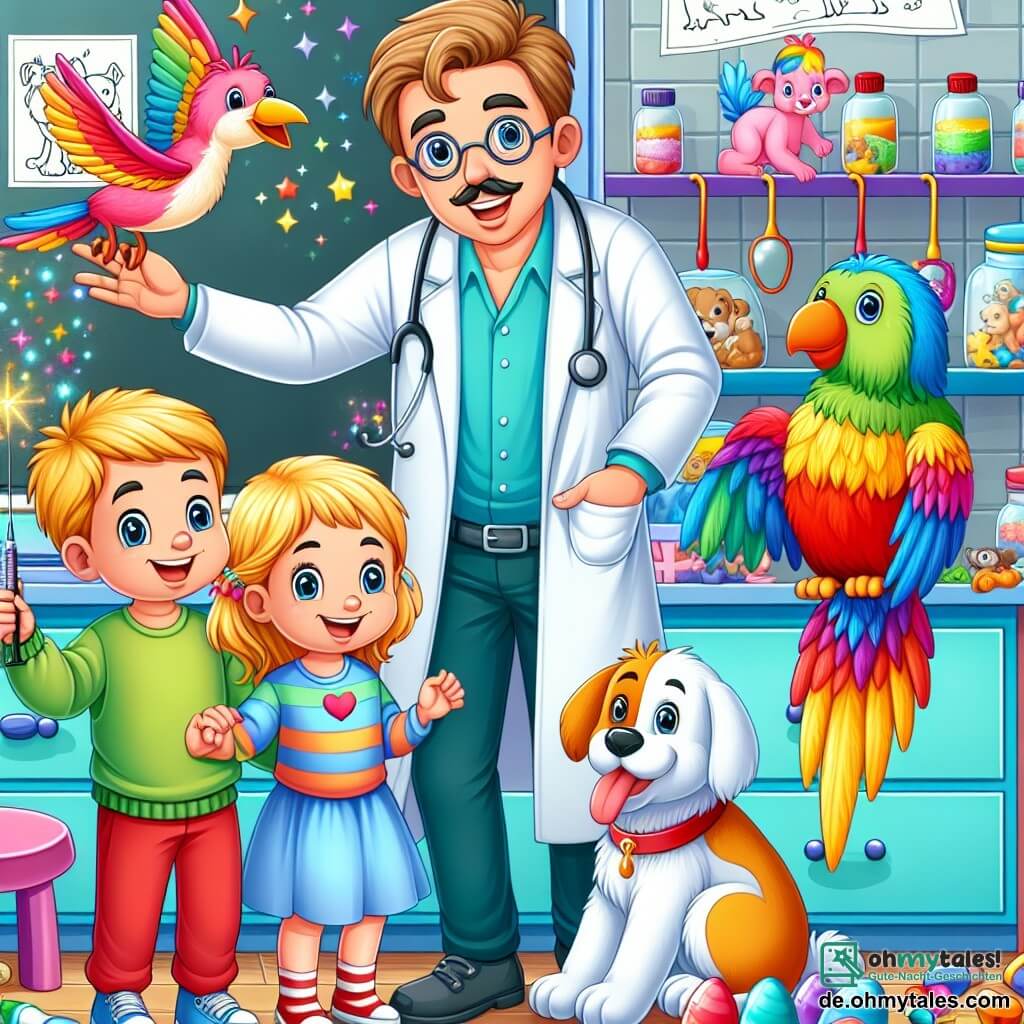 Une illustration destinée aux enfants représentant un homme joyeux et bienveillant, un petit garçon, une petite fille et un oiseau coloré dans une clinique vétérinaire magique, pleine de couleurs vives, de jouets et de dessins d'animaux.