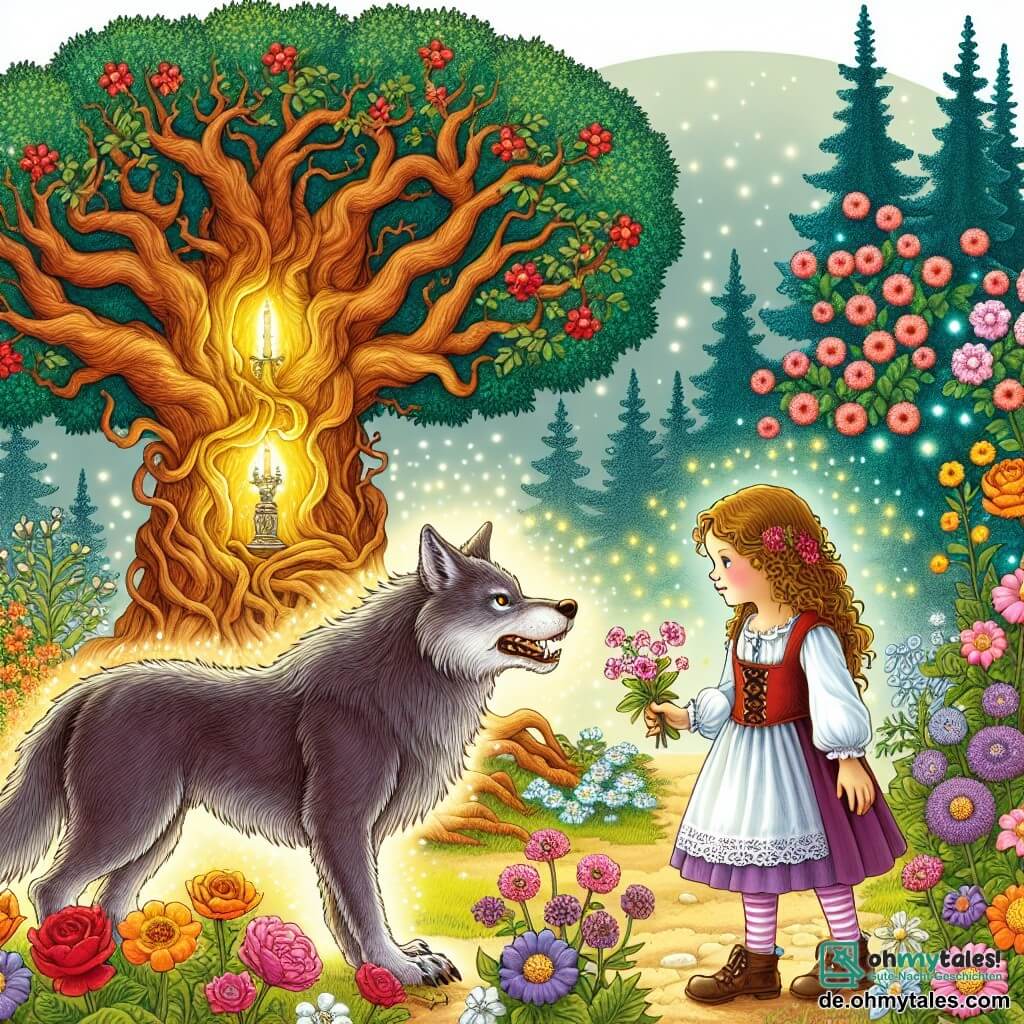 Une illustration destinée aux enfants représentant une jeune fille croisant un loup-garou amical dans une prairie enchantée remplie de fleurs colorées, un vieux arbre magique brillant à ses côtés, sur la célèbre Zauberwiese.